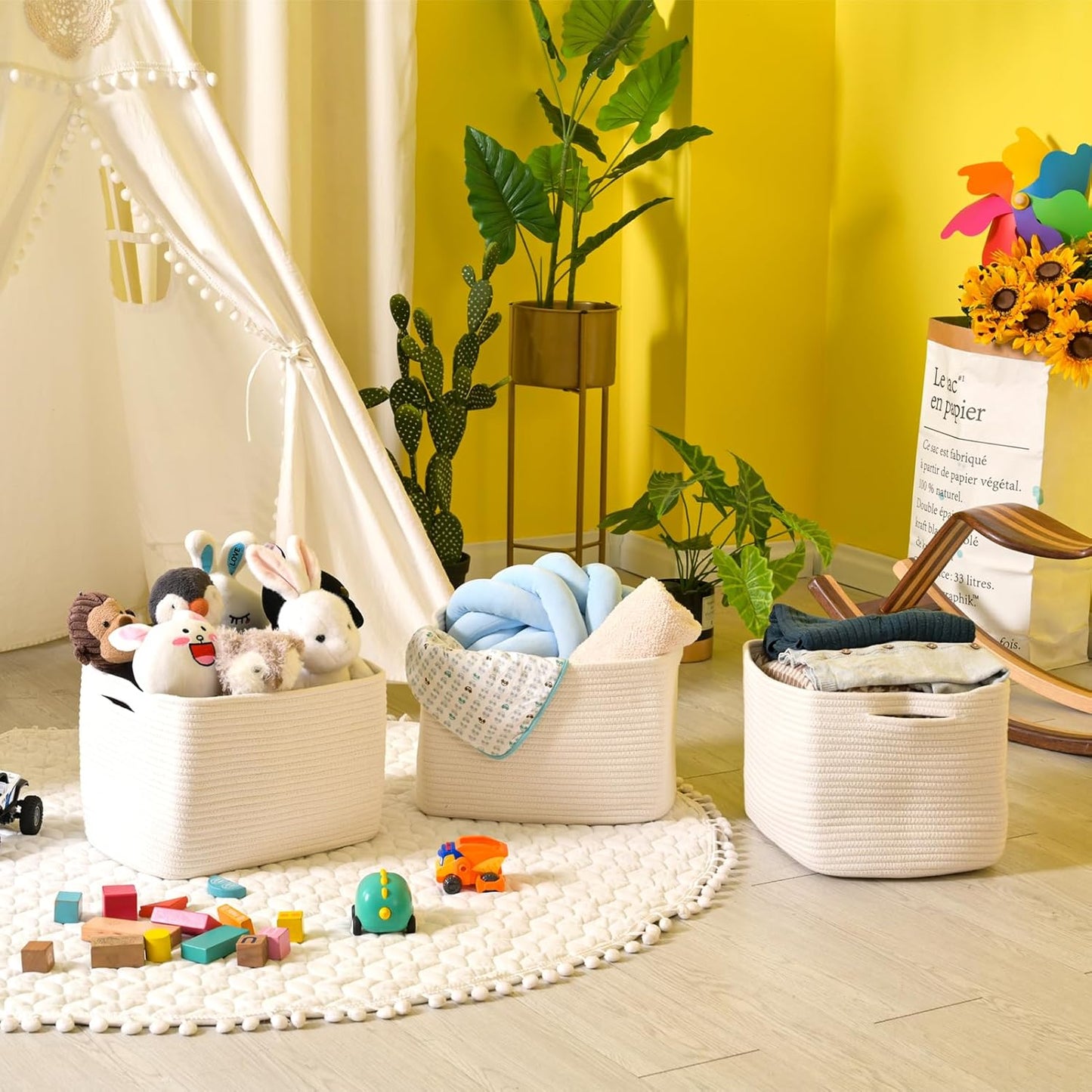 Storage Baskets for Organizing Shelves, Woven Cotton Rope Bins for Baby Nursery Organization, Book Toy Towel Organizer, 15"x11"x9.5", 3 Packs, Off White