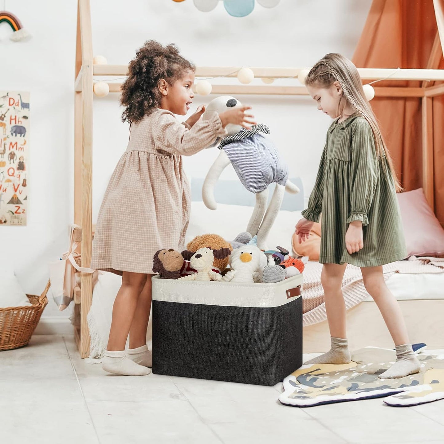 DULLEMELO Storage Bins Large-16"x12"x12" With Leather Handles for Organizing,Decorative Collapsible Storage Baskets for Shelves Closet Home Office (White&Black)