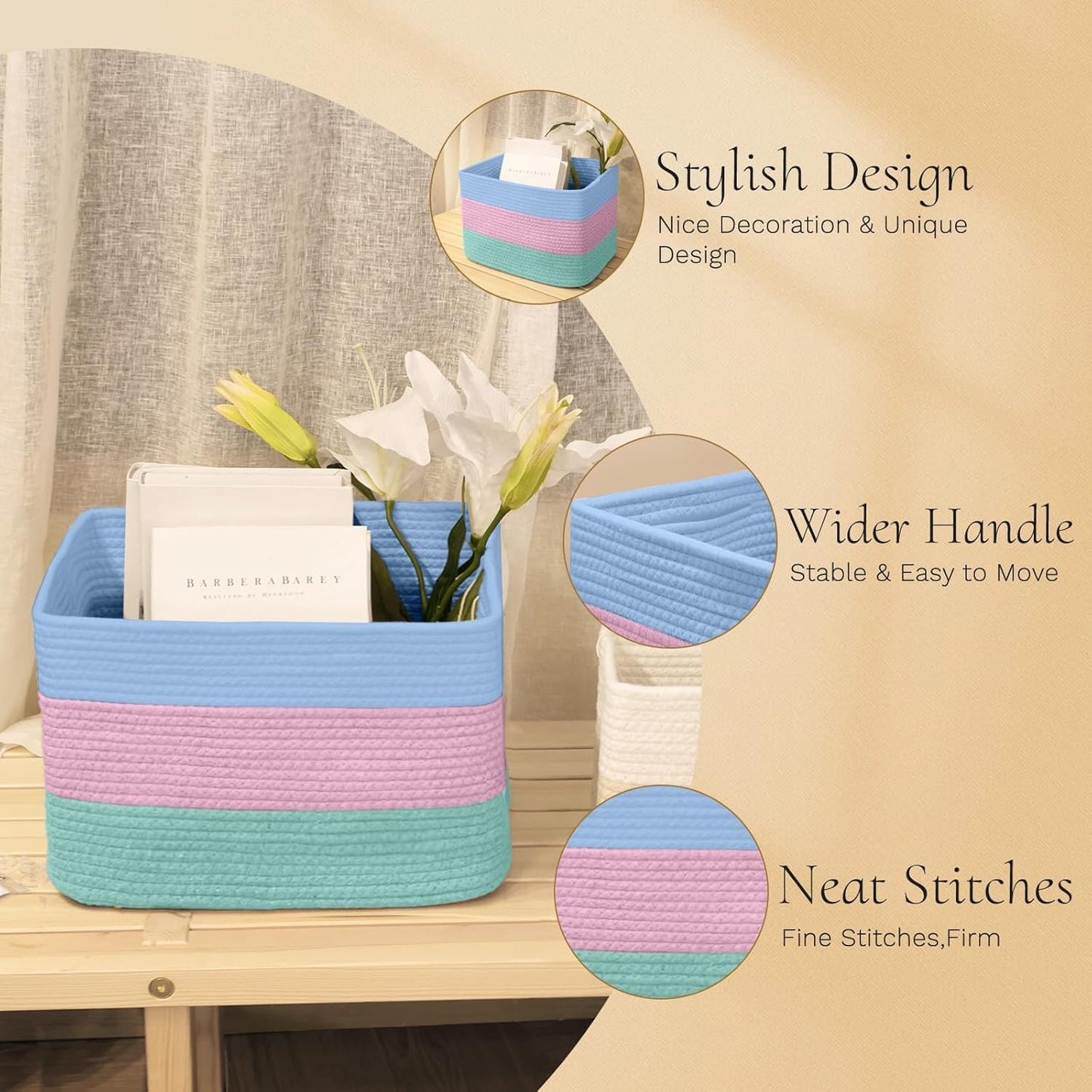 Hopegiver Woven Storage Baskets 15x11x10 Inch, 1 Pack Collapsible Cube Storage Bin for Shelves - Foldable Cotton Rope Organizer Bins for Towels, Toys, Books, Closet, Nursery (Blue Pink Green)