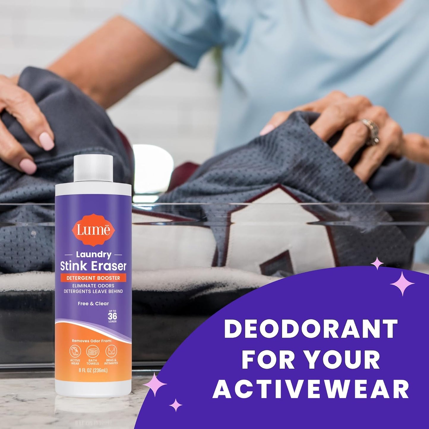 Lume Laundry Stink Eraser - Detergent Booster & Sink Soak - Eliminates Body Odor In Clothes - Odor Blasting Enzyme Blend - Makes Your Detergent Work Better - Free And Clear - 8 fluid ounces (2 Pack)