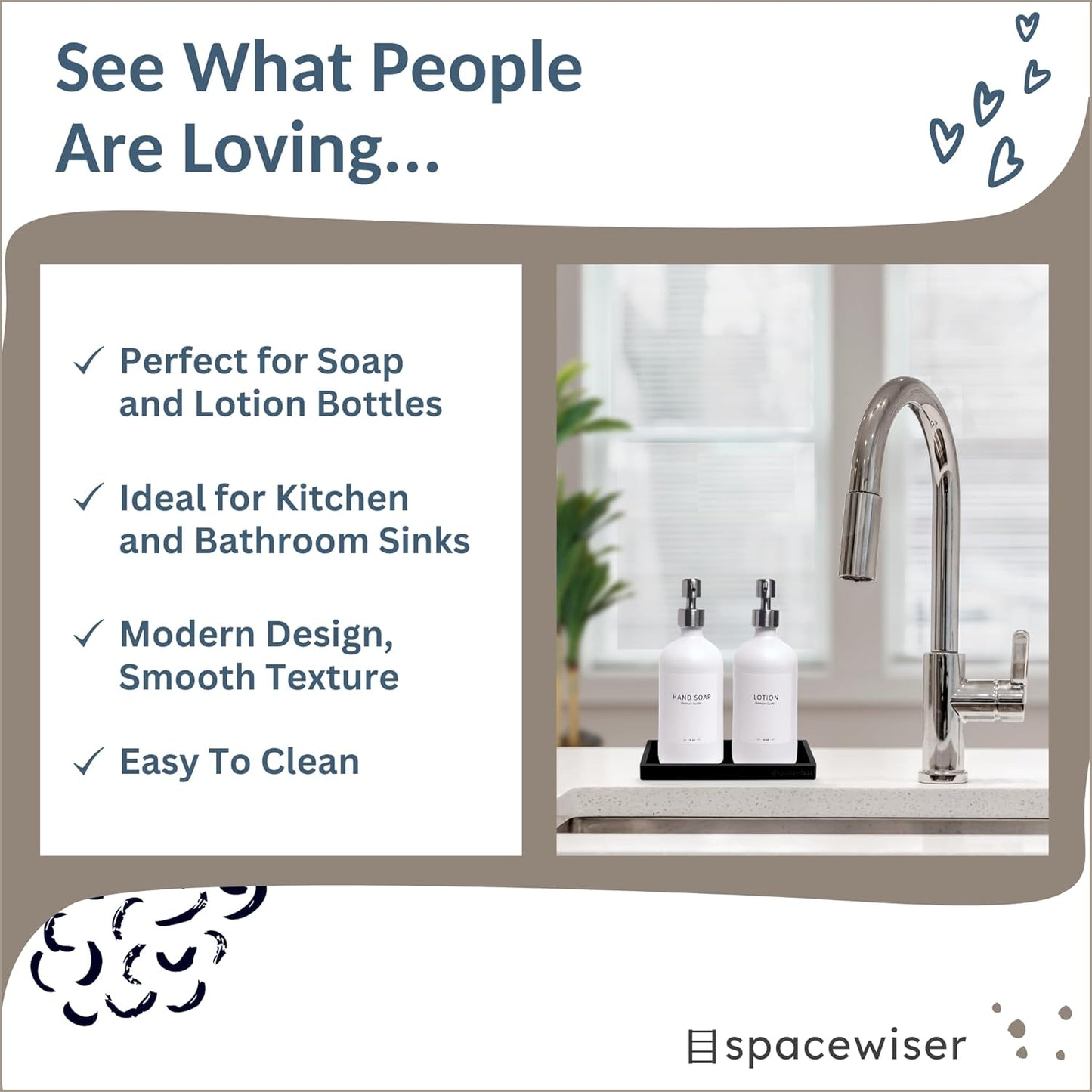 Countertop and Vanity Tray – Small 7.7” Silicone Tray, Soap Dispenser Trays, Bathroom Trays, Kitchen Soap Holder Sink Organizer Counter Caddy for Soaps Bottle Keys, Sponge Holder Dish Black