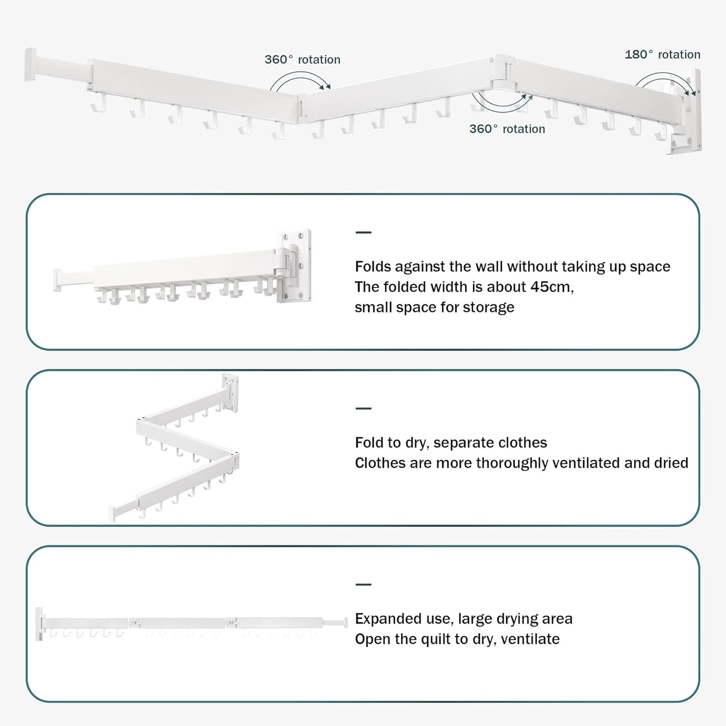 Wall Mounted Clothes Drying Rack, Collapsible, Folding, Retractable - Clothes Hanging Rack (Hooks, White)