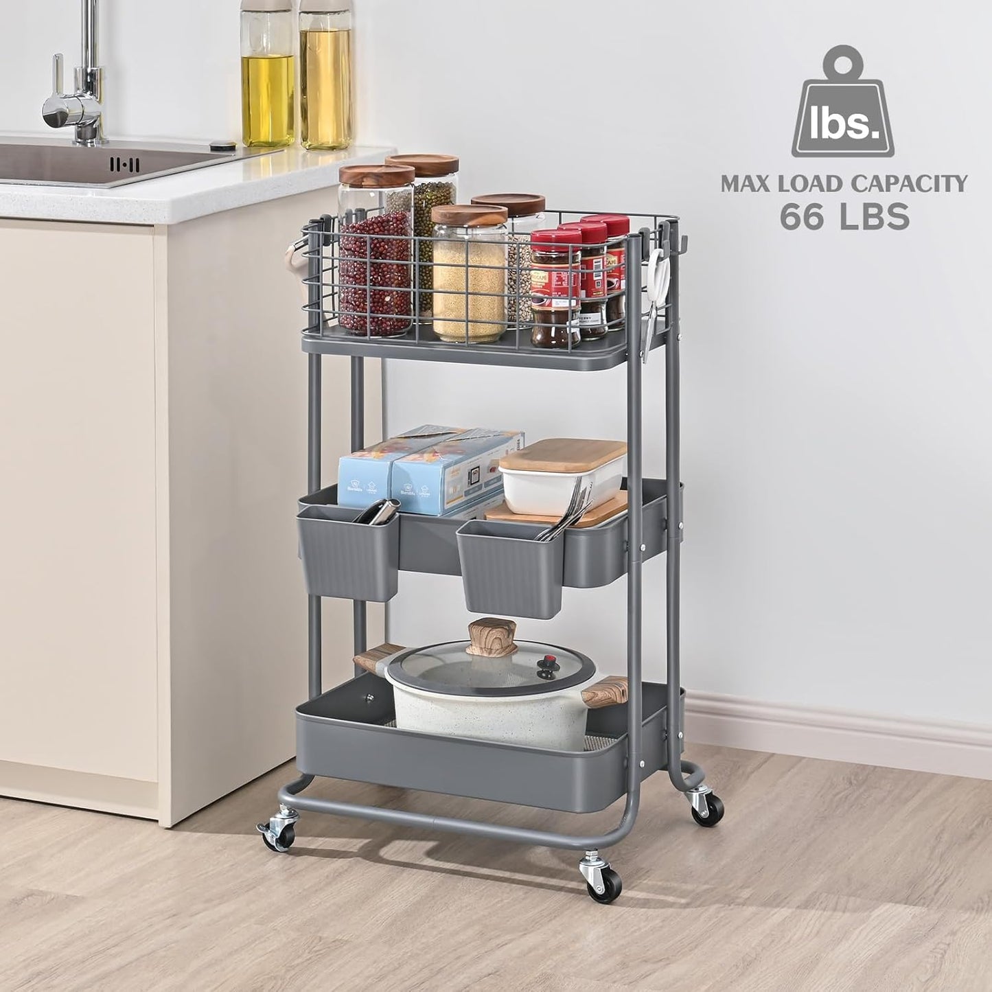 KINGRACK 3 Tier Metal Rolling Cart, Kitchen Organizers and Storage, Slim Storage Cart on Wheels, Laundry Room Organization, Diaper Cart Shelving Unit for Bathroom, Office, Bedroom, Grey