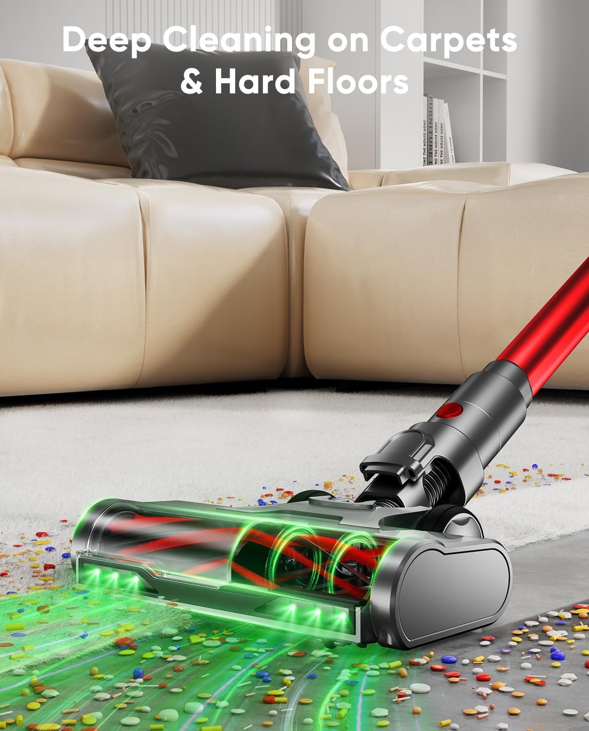 Cordless Vacuum Cleaner, 600W/50KPA, Max 70 Mins Runtime, Self-Standing Vacuum Cleaners for Home, Anti-Tangle Stick Vacuum, Smart Display Vacuum Cordless with 1.8L Cup for Pet Hair/Carpet (Red)