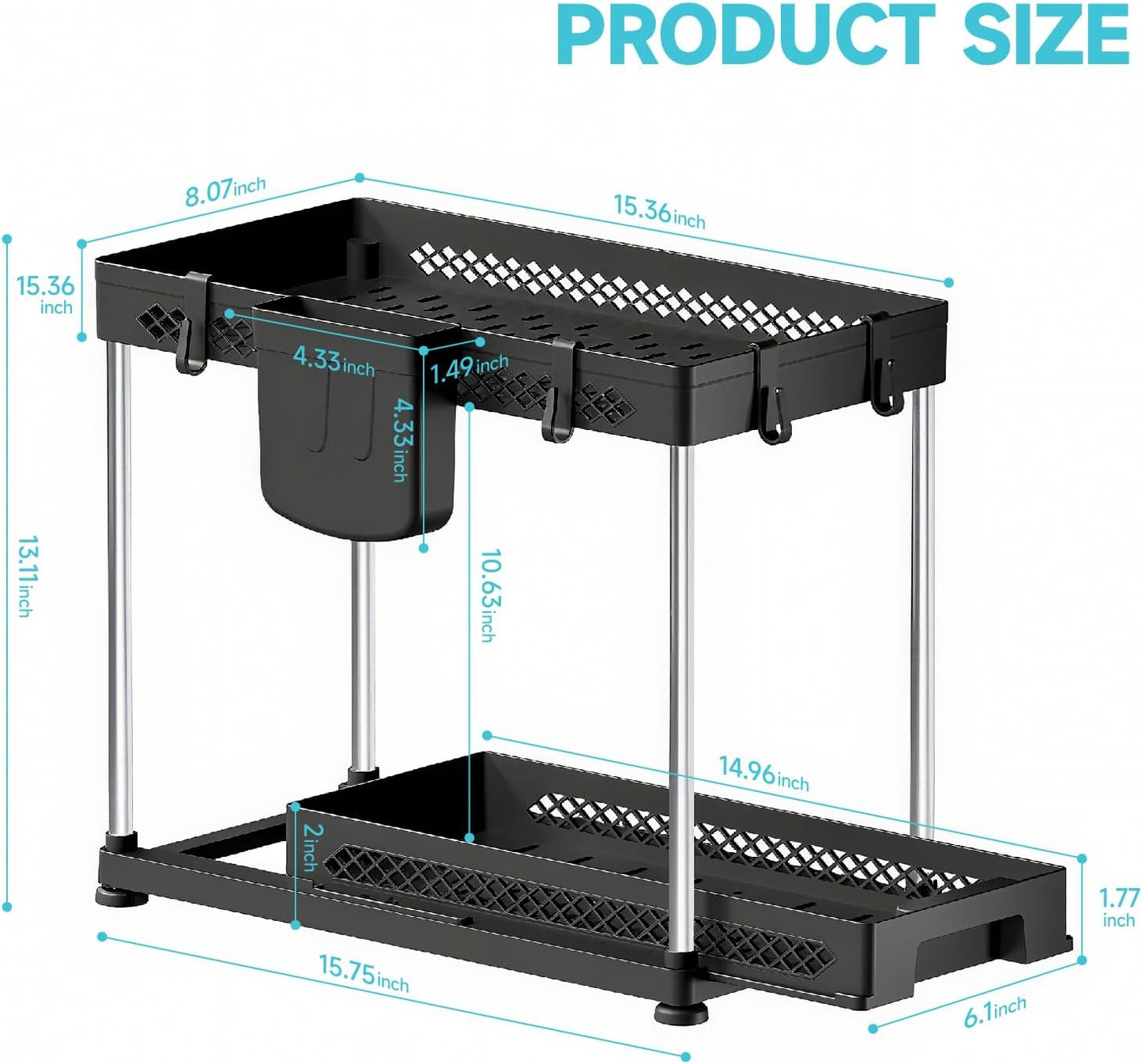 Under Sink Organizer, 2 Tier Pull Out Cabinet Organizer with Hooks Hanging Cup, Easy Installation & Rust-resistant, Multi-Purpose Storage Shelf for Kitchen Bathroom Pantry (Black,1 Pack)