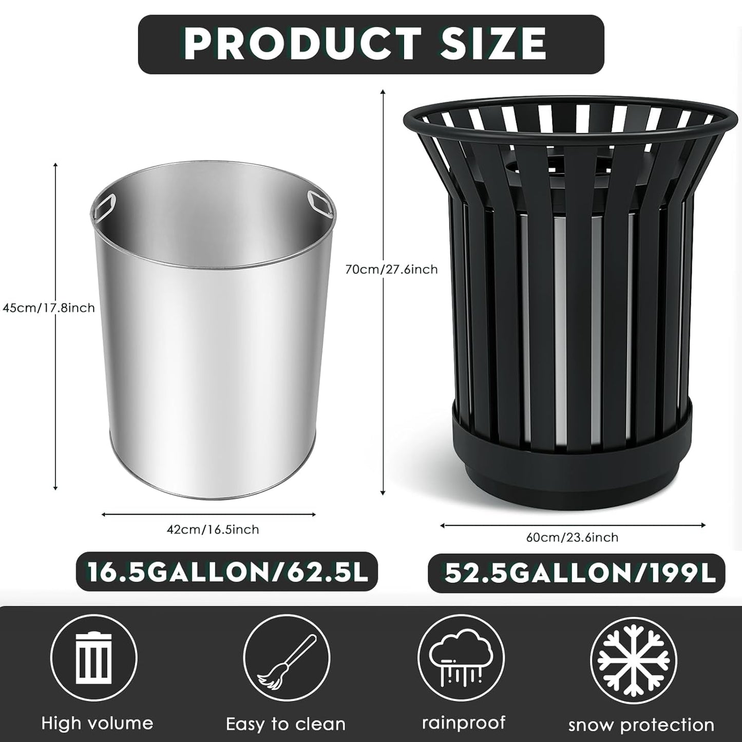 16Gallon/62L Commercial Outdoor & Indoor Metal Trash Can, Outdoor Slatted Trash Receptacle with Metal Linner, All Weather Resistant Large Outside Zone Round Garbage Bin for Street, Park, School-Black