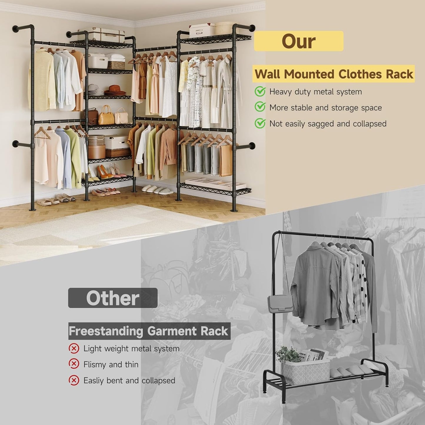 ONBRILL L4 Wall Mounted Industrial Pipe Clothing Rack, Closet Organizer System with 6 Hanging Clothes Rods ( 4 Expandable Rods) & 8 Shelves, Heavy Duty Corner Garment Rack, Large Wardrobe - Black