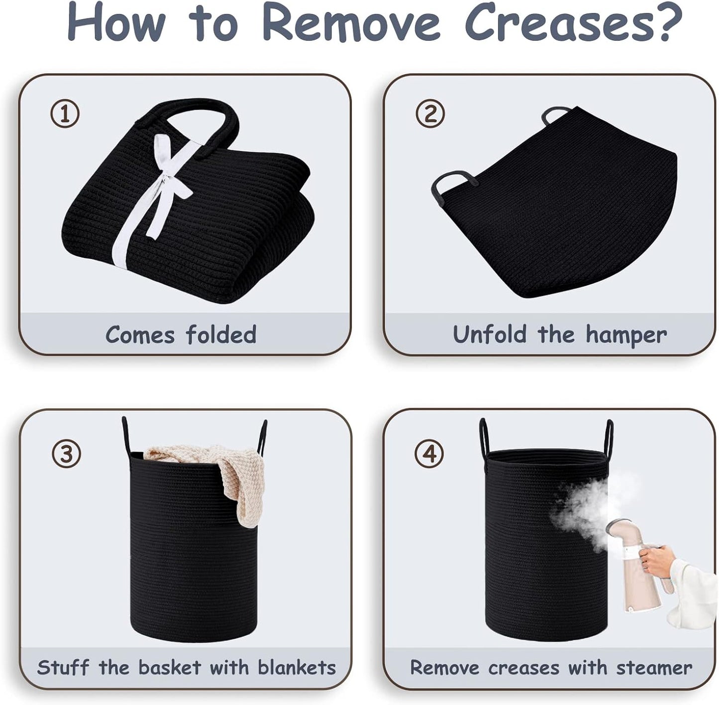 VIPOSCO Large Laundry Hamper, Tall Woven Rope Storage Basket for Blanket, Toys, Dirty Clothes in Living Room, Bathroom, Bedroom - 72L Black