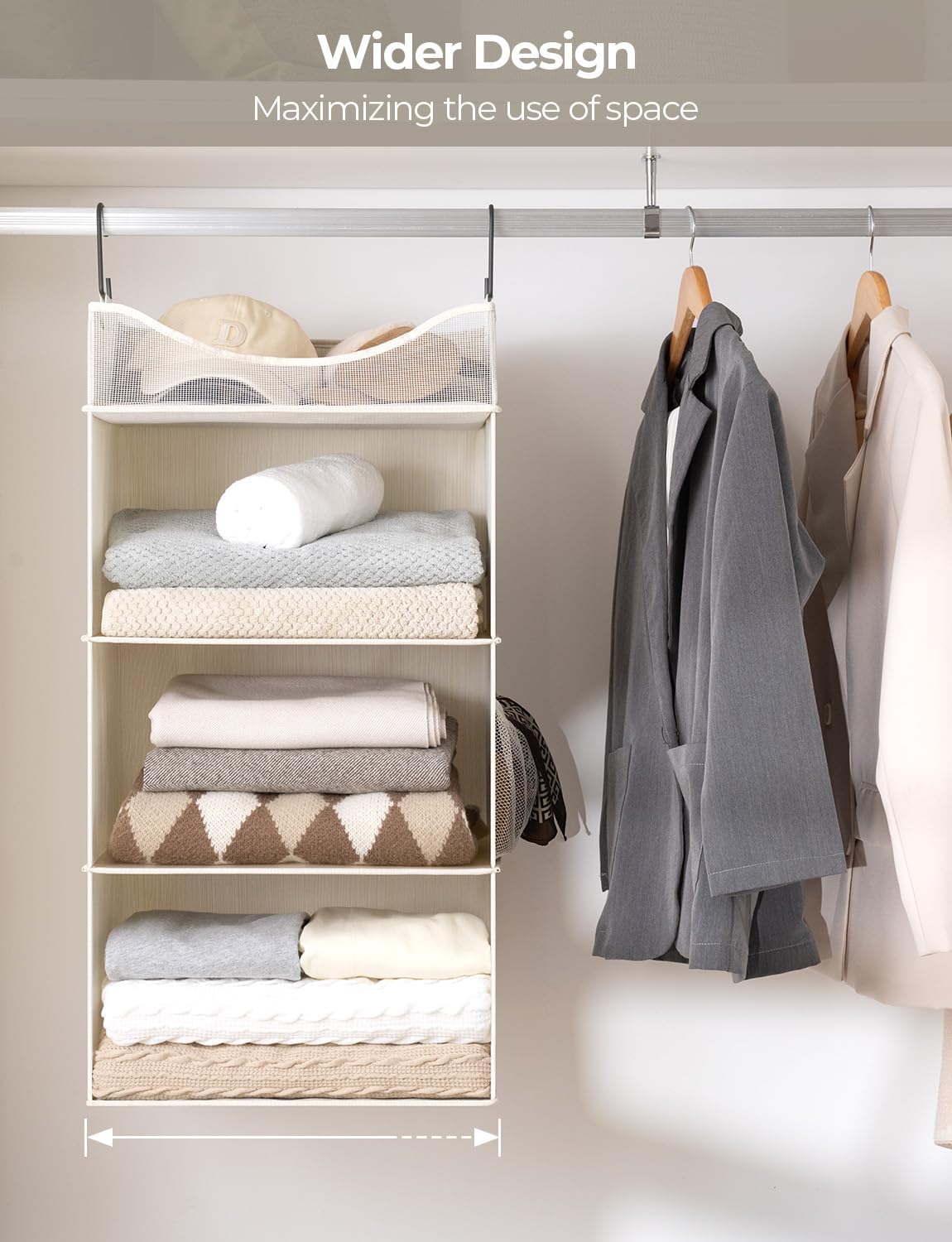 StorageWorks Hanging Closet Organizer, 3-Shelf Hanging Closet Shelves with Top Shelf, 15 ¾"W x 12" D x 31" H, Extra-Large Space, Ivory White
