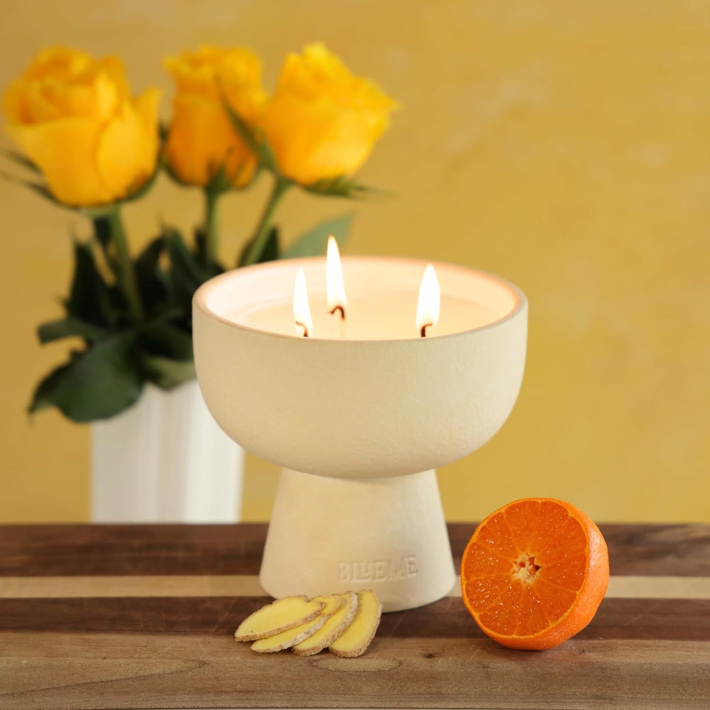New BLUEME Wellness Candle Wax Refill, Contains Essential Oil, Sustainable, Hand Finished, Hand Poured, Premium, Luxury Ceramic, Natural Cotton Wick (24oz, Yuzu & Ginger)