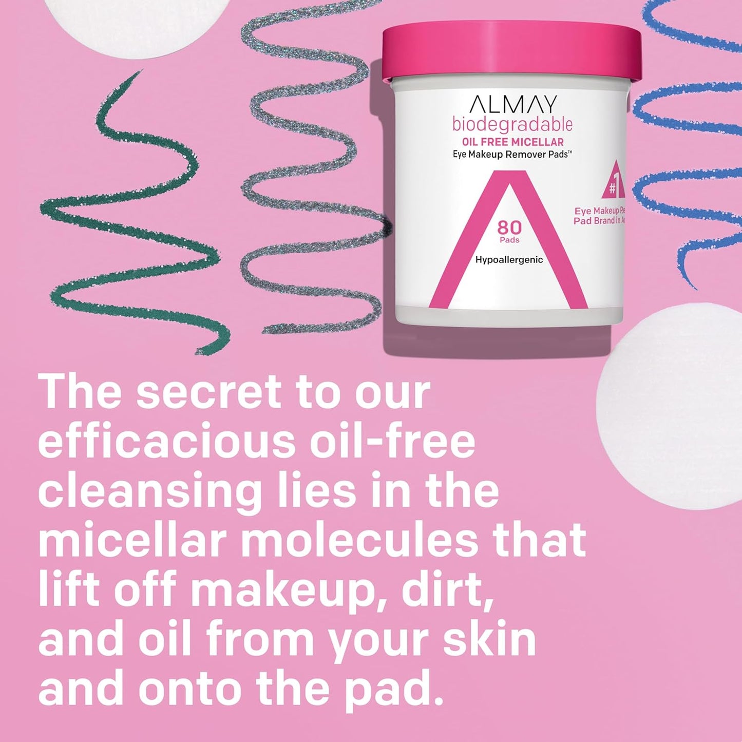 Almay Biodegradable Makeup Remover Pads, Micellar Gentle, Hypoallergenic, Fragrance-Free, Dermatologist & Ophthalmologist Tested, 80 Count