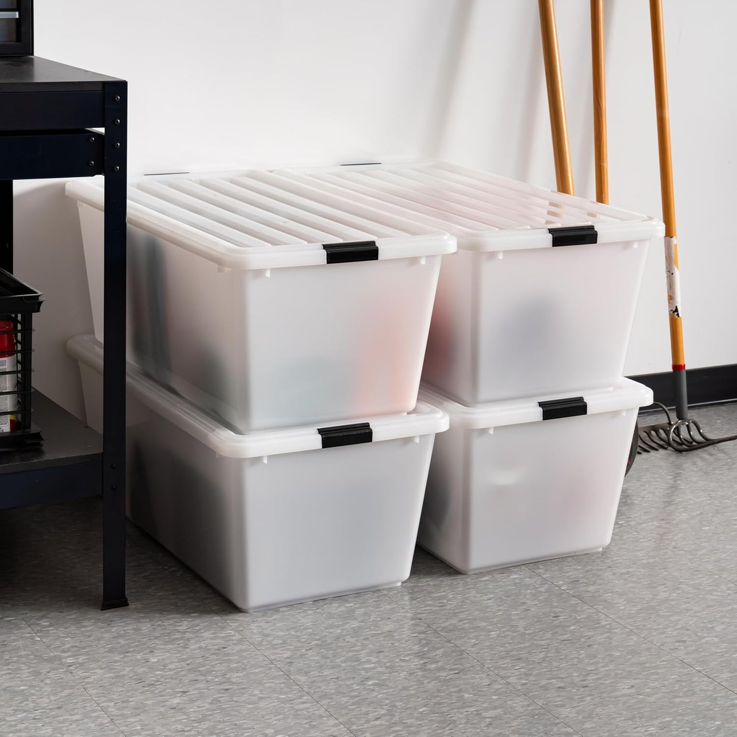 IRIS USA 91 Qt Stackable Plastic Storage Bins with Lids, 4 Pack - BPA-Free, Discreet Organizing Solution, Latches, Durable Nestable Containers, Secure Pull Handle, Made in USA - Pearl