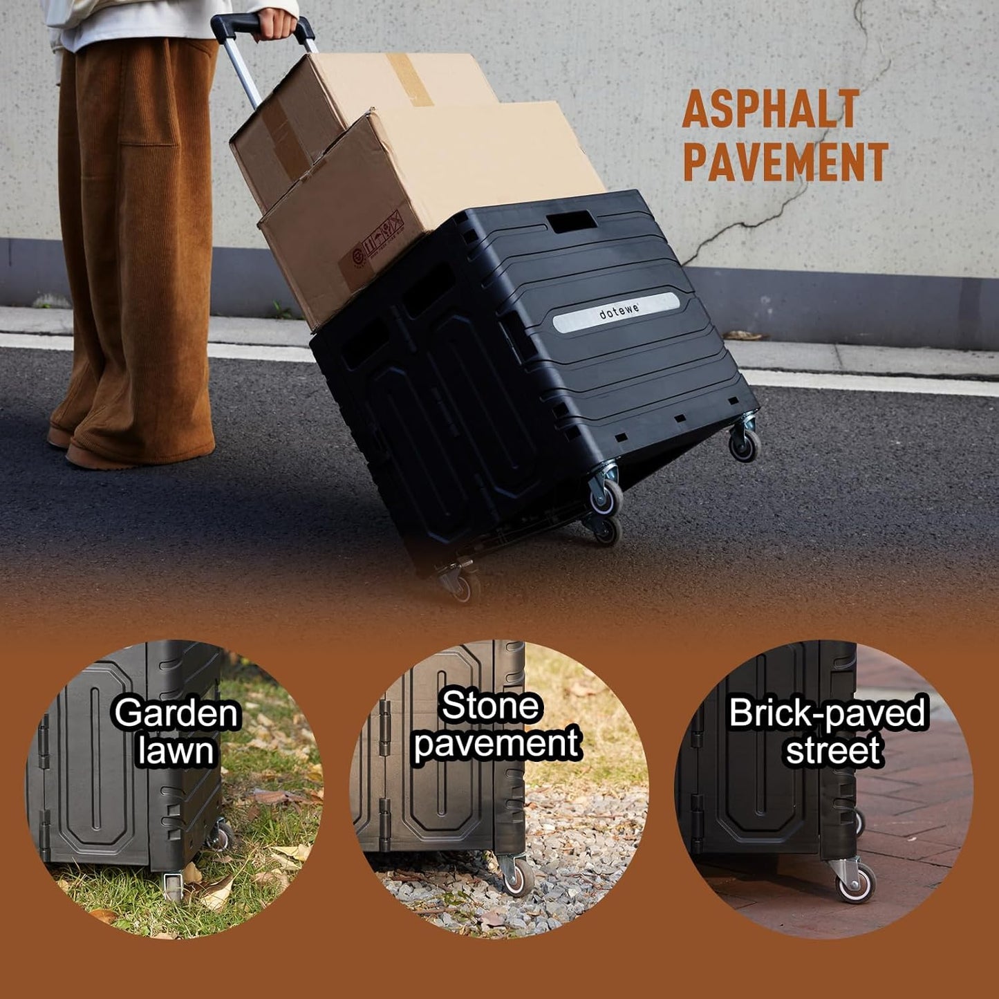 Folding Utility Cart Black Portable Rolling Crate Handcart Foldable Shopping Trolley Collapsible, with Lid, on Wheels, for Grocery, Garden, Office, Storage, Teacher, Tool (Black)