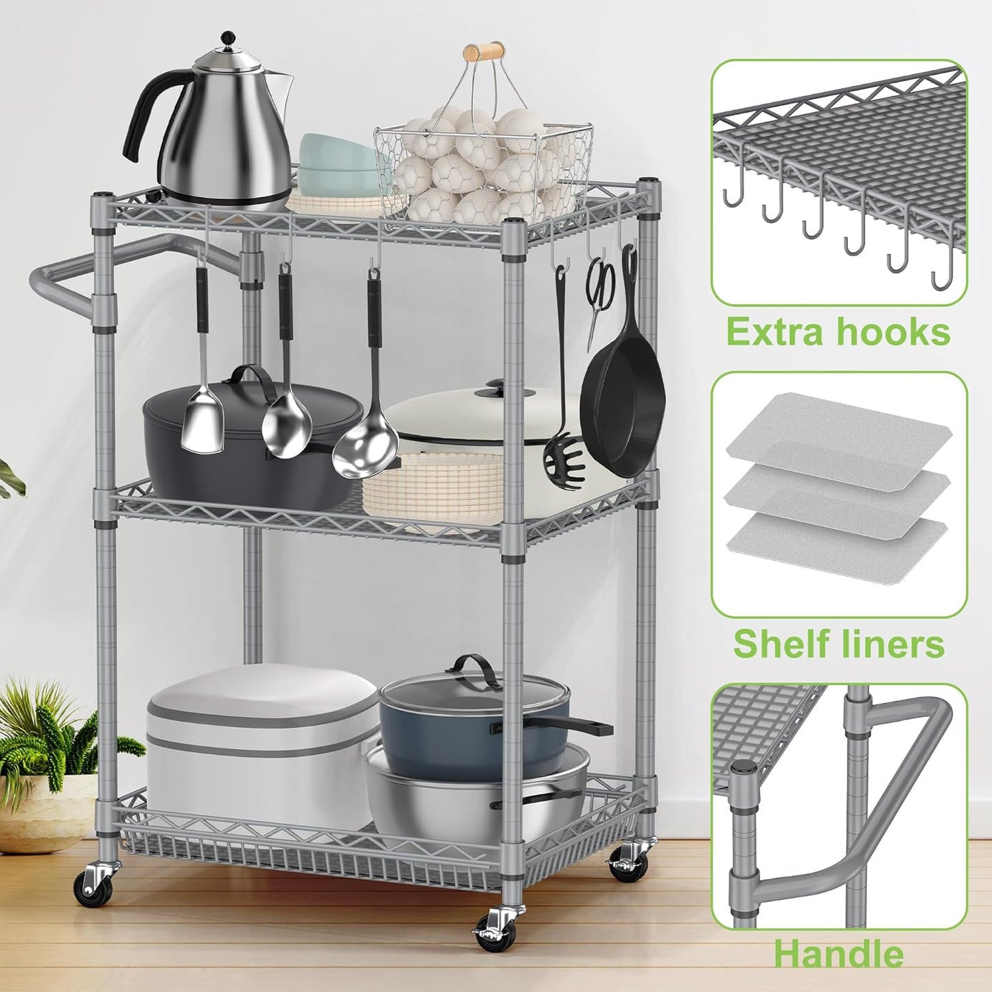 Metal Carts with Wheels,3 Tier Rolling Utility Carts with Storage, Steel Wire Service Cart with Handle Bar&Shelf Liner, Commercial Grade Kitchen Trolley for Indoor & Outdoor Use