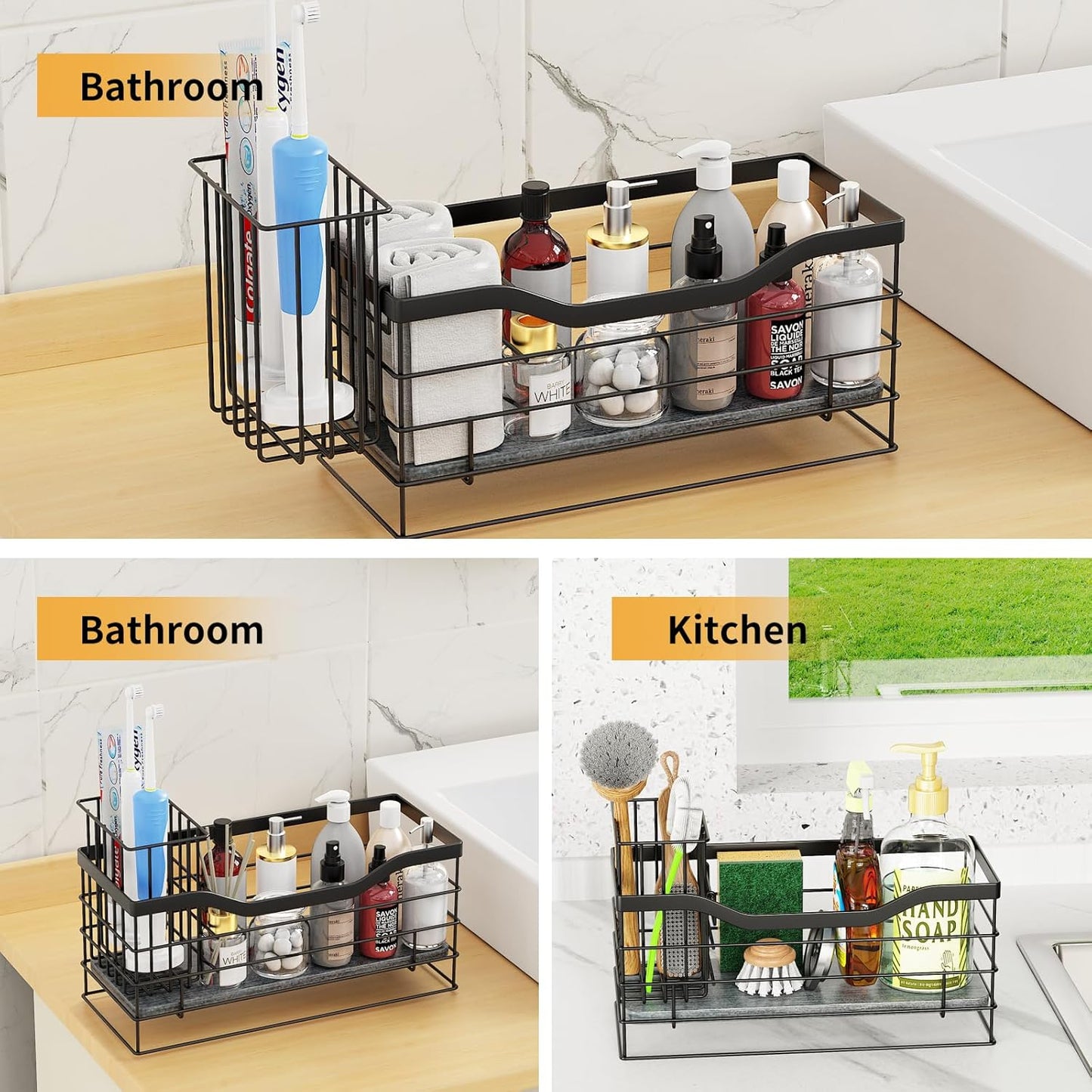Sponge Holder for Kitchen Sink, Stainless Steel Sink Caddy and Drying Rack with Absorbent Stone, Rustproof Kitchen Organizer for Sponge, Brush, Soap,Space-Saving Countertop Accessory
