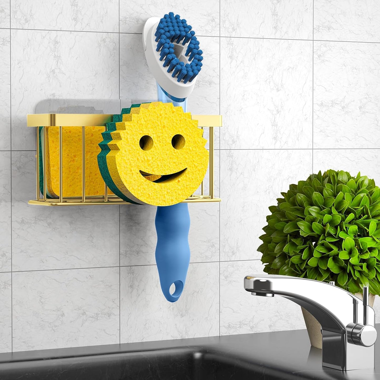 Sponge Holder Smiley Face,Sink Caddy,Sink Organizer with 2 Suction Cups/1 Adhesive Strips,Designed for Sponge,Soap,Dish Brush,Scrubber-Gold