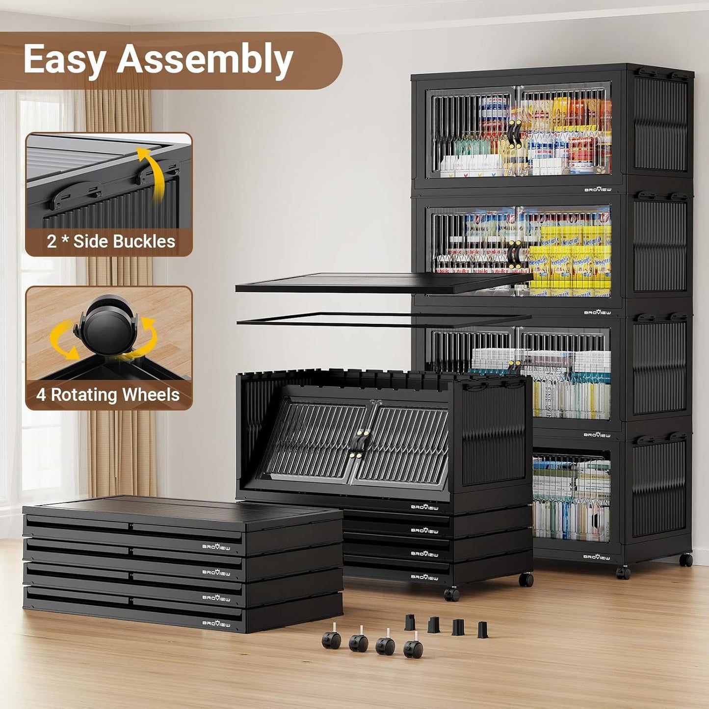 BROVIEW 800Qt Extra Large Stackable Storage Bins with Lid, Closet Organizer Collapsible Drawer Boxes with Wheels, Folding Plastic Cabinet Containers for Home Kitchen Room Organization, 4Pack Black