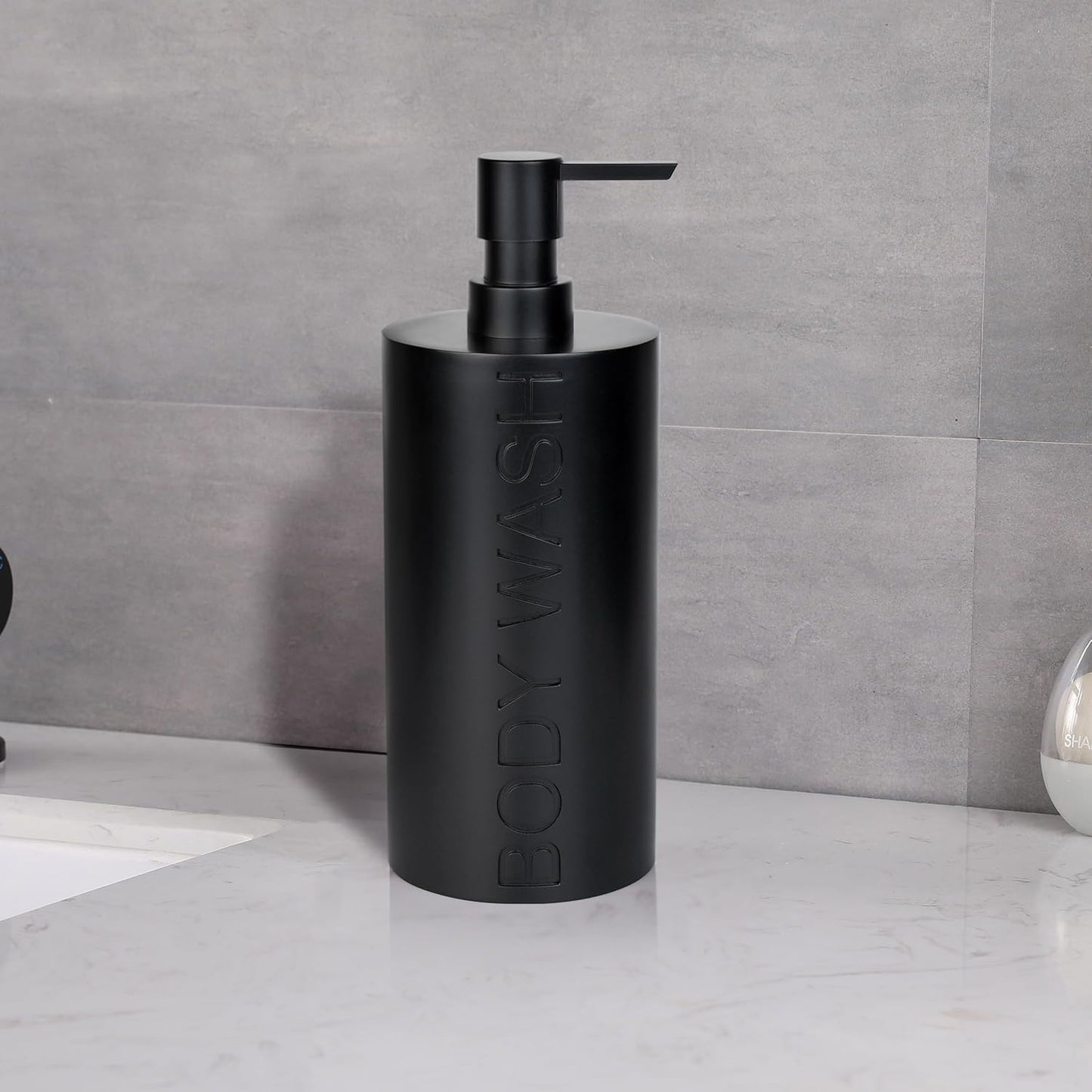 Matte Black Body Wash Dispenser Luxurious Refillable Pump Bottle with Embossed Text, Durable Construction for Bathroom and Shower