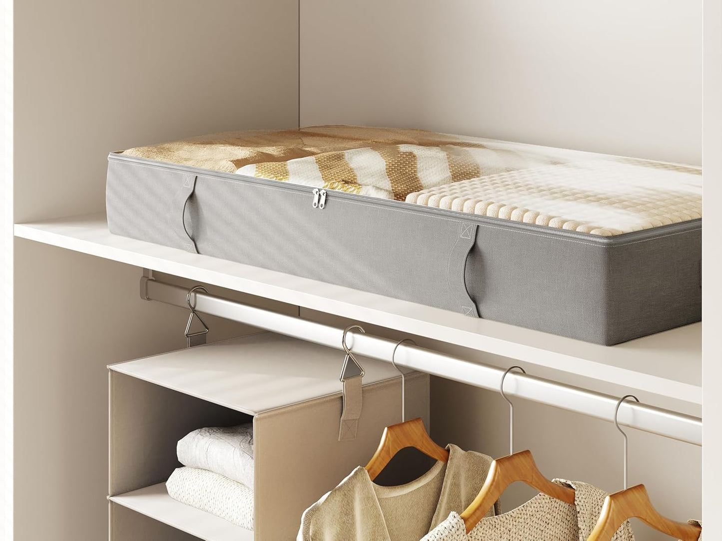 Vailando Under Bed Storage Containers, Underbed Storage Bins, 6 Inches Tall Clothes Storage Box with Sturdy Handles and Sidewalls, Foldable, Gray, 2-Pack