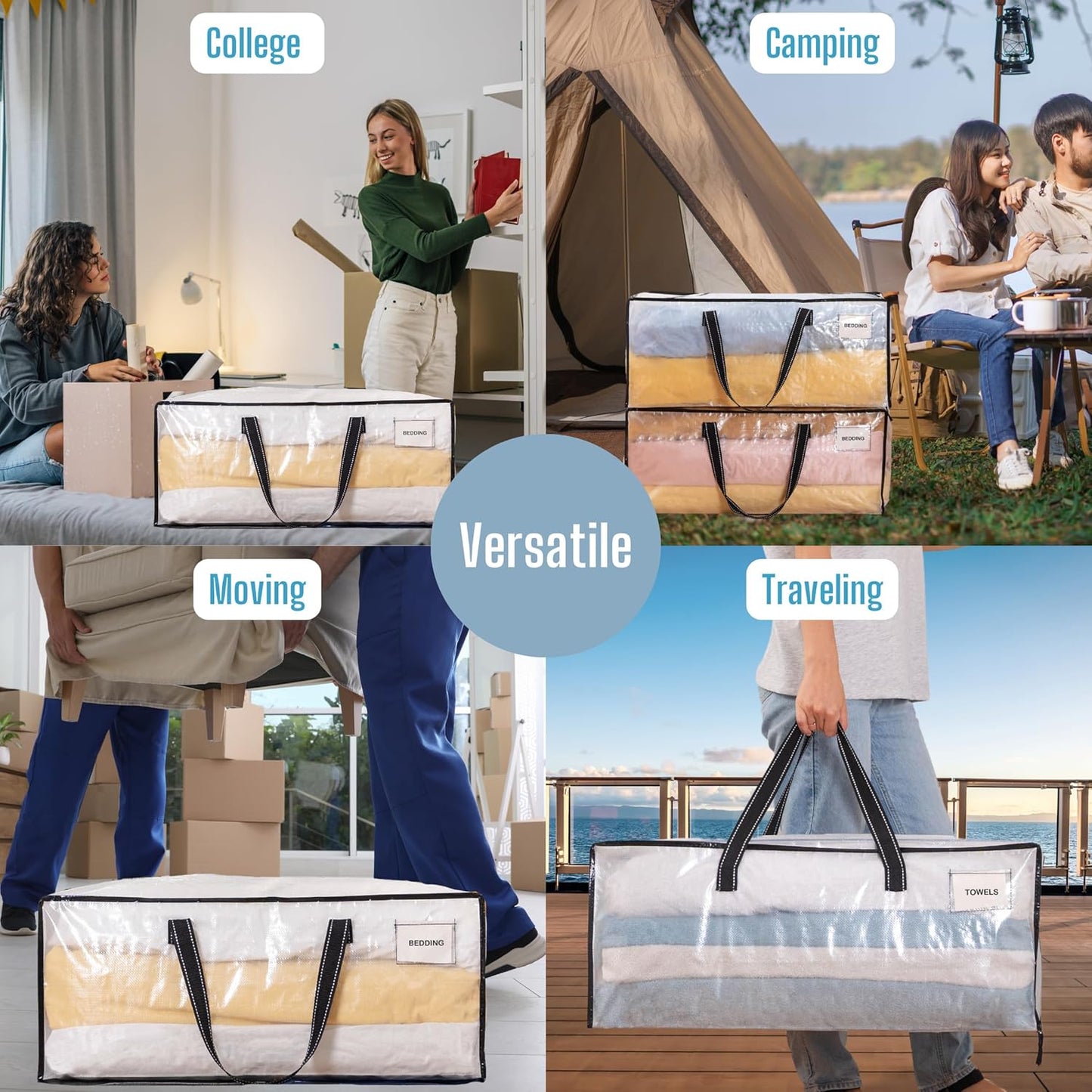 VENO 6 Pack Moving Bags Extra Large Storage Bags for College Move-In, Heavy-Duty Storage Totes, Packing Boxes, and Wardrobe Moving Supplies - Durable Laundry Bags for Clothes (Clear, 6 Pack)