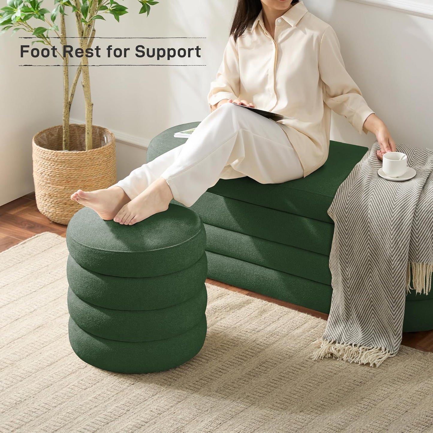 Round Ottoman with Storage Boucle Ottoman Stool Removable Lid for Living Room Modern Upholstered Vanity Storage Stool Foot Rest Bedroom Dorm Gifts Set of 2 (Green)