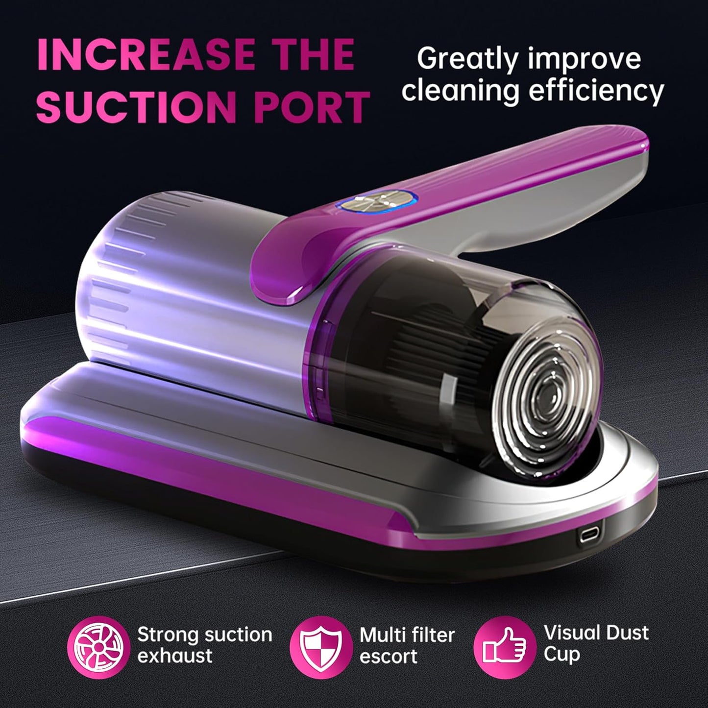 PATO Mattress Vacuum Cleaner, Wireless Handheld Bed Vacuum Cleaner With UV-C Light, HEPA Filter and Ultrasonic Vibration, 12KPa, Suitable for Beds, Sofas, Car Seats, Carpets (Purple;)