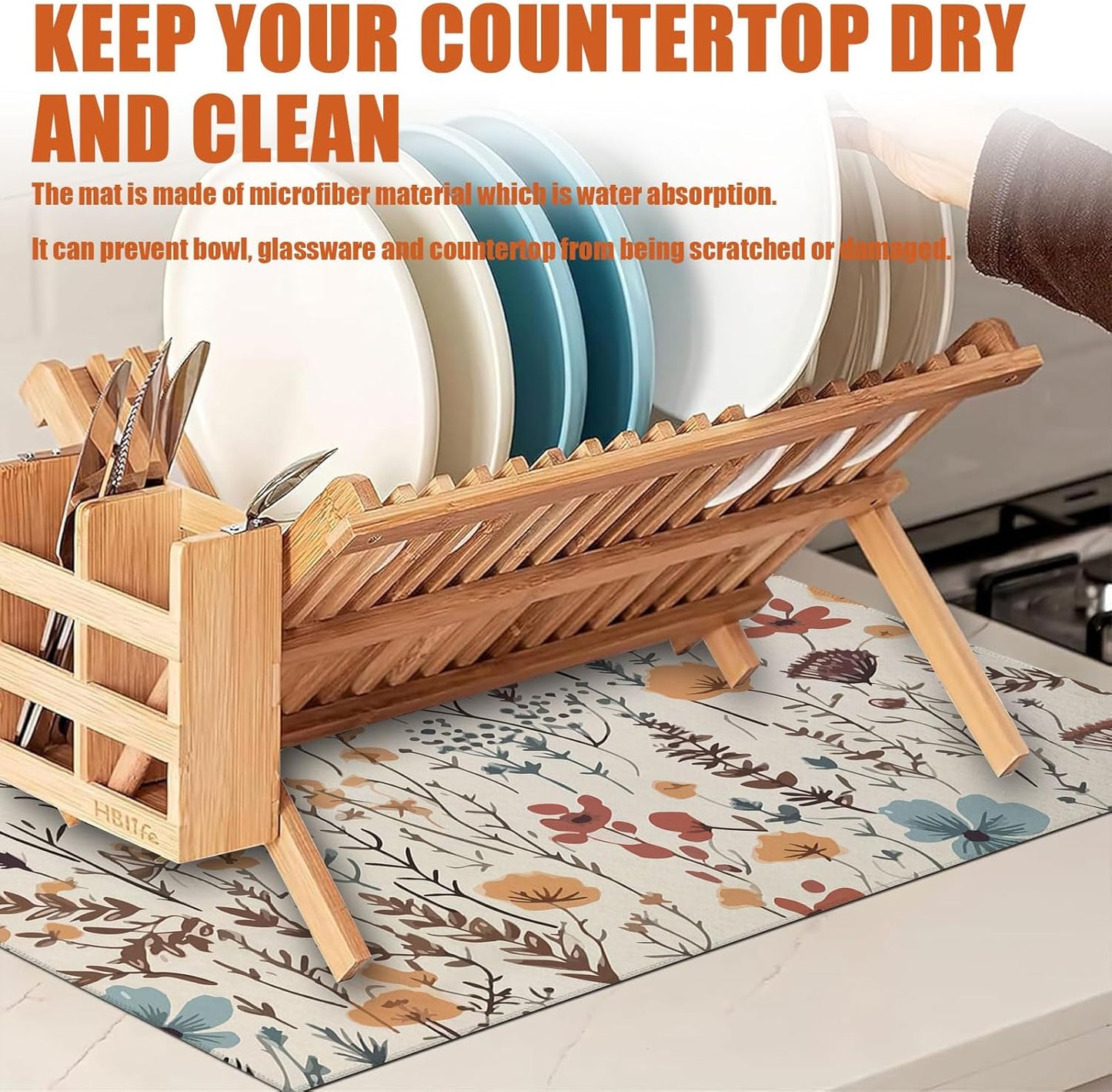 Vintage Floral Dish Drying Mat for Kitchen Counter Microfiber Absorbent Dish Kitchen Drying Mat Draining Reusable Washable for Dishes/Utensils/Counterto