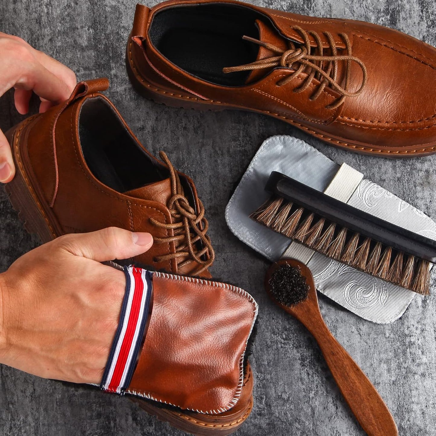 6 Pcs Horsehair Shine Shoes Brush Kit Polish Dauber Applicators Cleaning Leather Shoes Boots Care Brushes Suede Cleaner Brush with Microfiber Shoe Gloves(6 Pcs Style E)