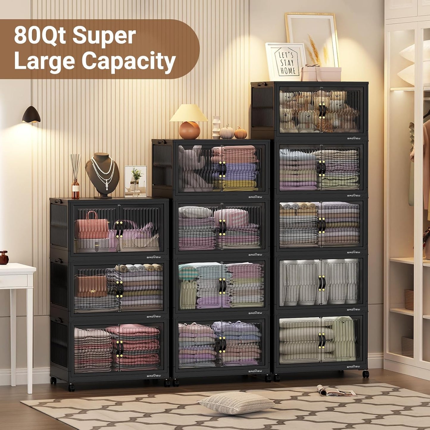 BROVIEW 400Qt Stackable Storage Bins with Lid, Extra Large Closet Organizer Collapsible Drawer Boxes with Wheels, Folding Plastic Cabinet Containers for Home Kitchen Room Organization, 5Pack Black