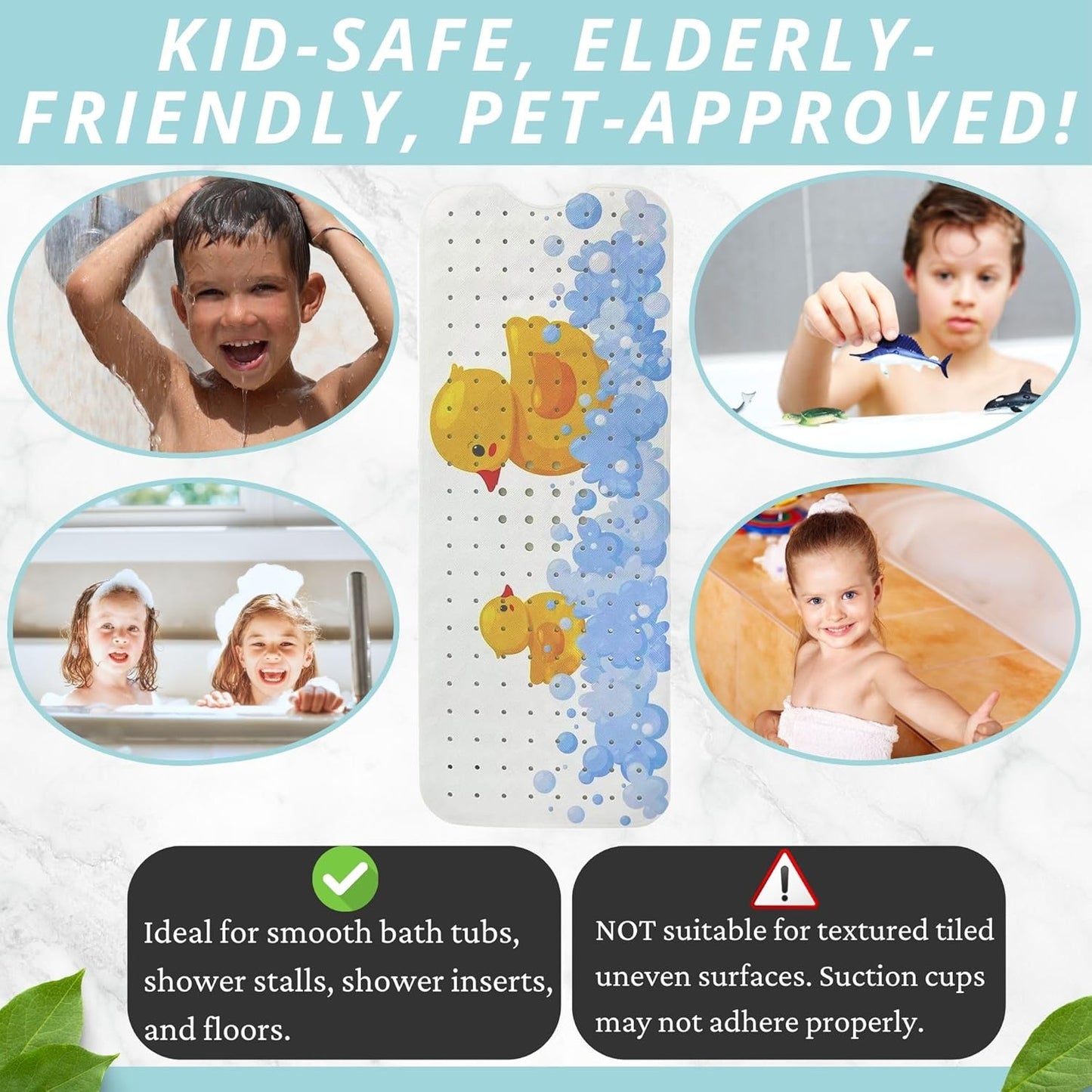 ENKOSI Kids Bath Mat 40x16 – Non-Slip Tub Bathmat Duck Print with Suction Cups & Drain Holes for Safe, Fun Bathtub Bath Time for Toddlers (40x16 Duck)