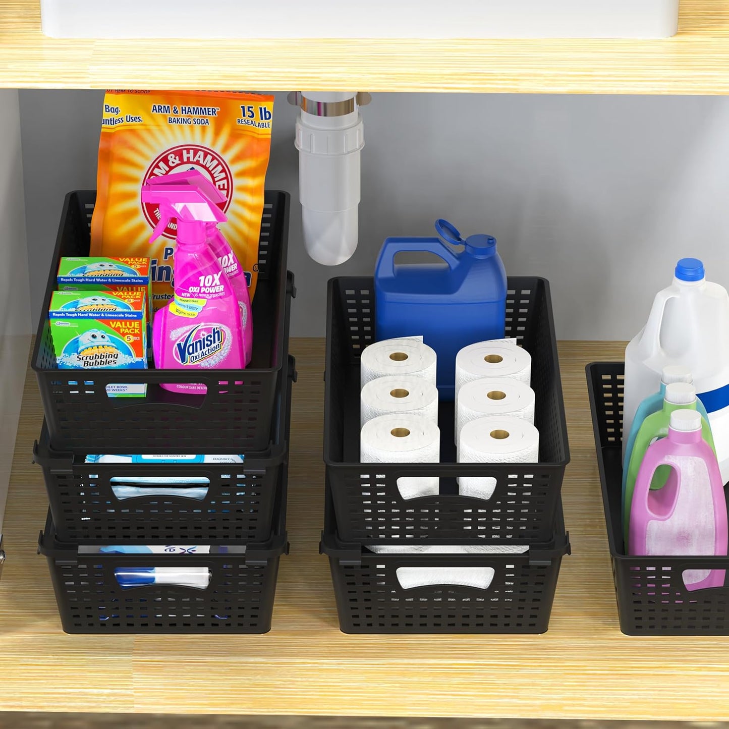 Simple Houseware Stackable Plastic Woven Basket Organizer, 6 Pack, 14.5" x 8.5" x 3.5", Black