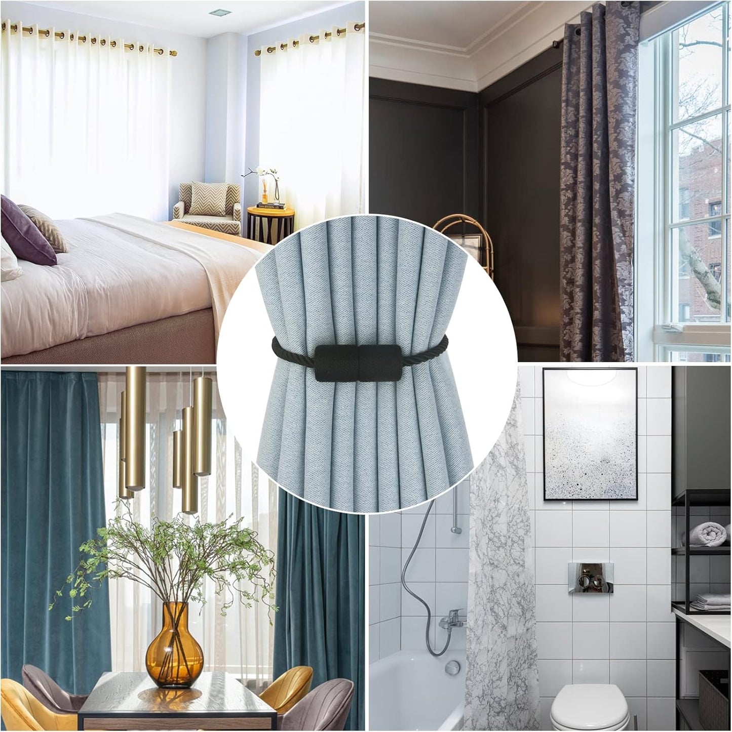 Magnetic Curtain Tiebacks 2 Pack Black Curtain Rope Tieback Curtain Holders for Drapes Modern Tie Backs Decorative Curtain Holdbacks