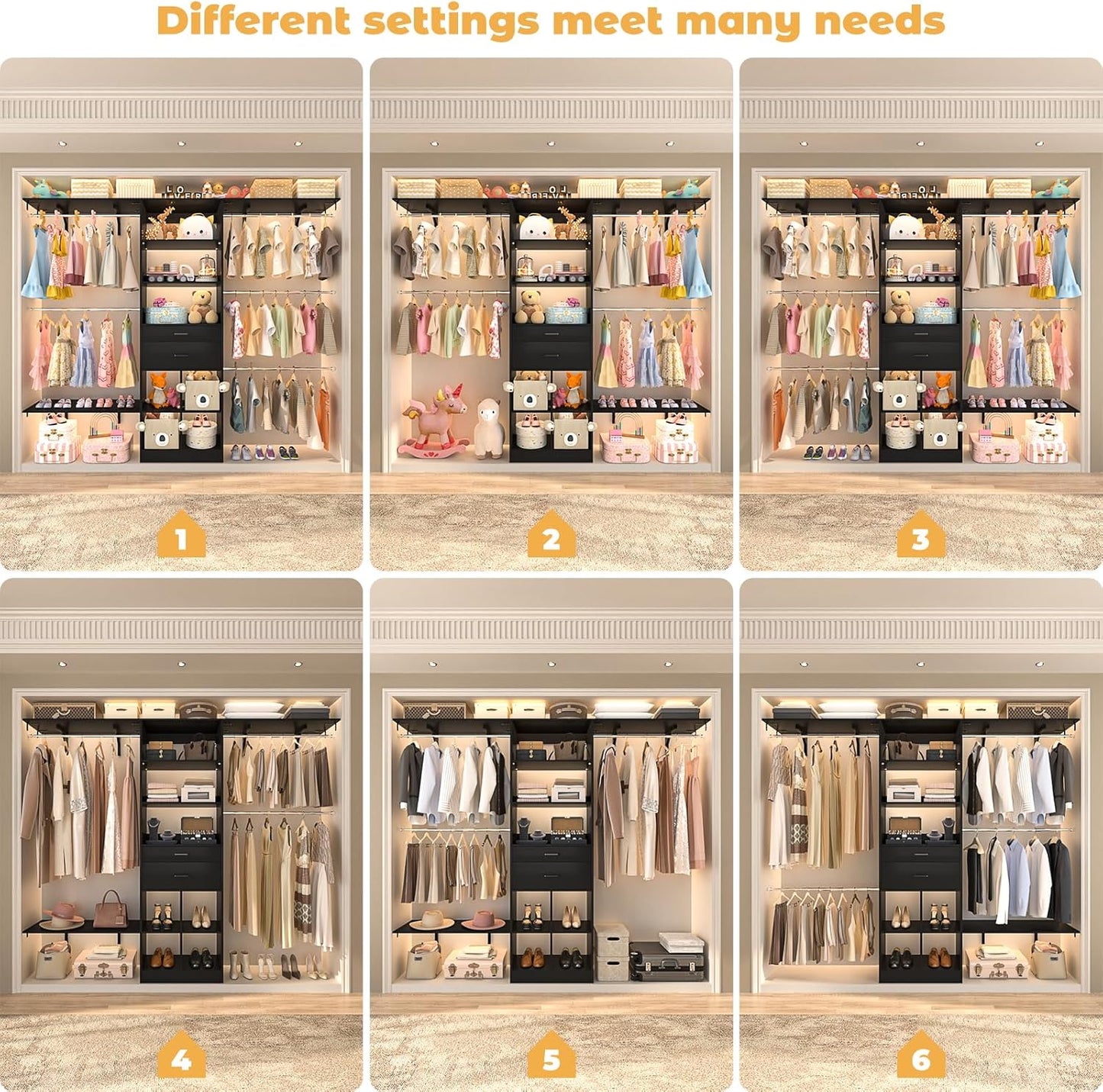 Closet System - 4.75-8FT Closet Organizer System with Wooden Drawers & Cube Storage Organizer, Up To 96" Closet Systems for Nursery & Walk-In Closets with Cuttable Hanging Shelving, Black