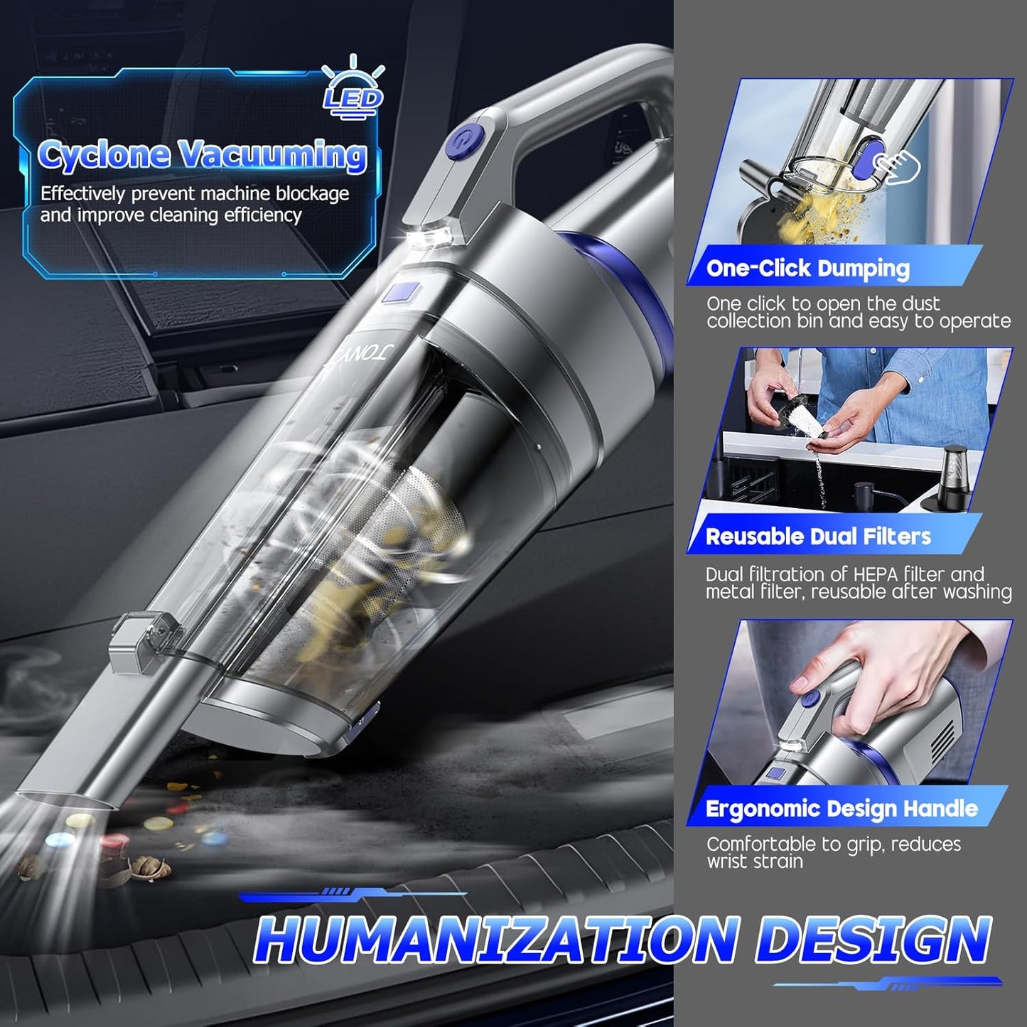 JONYJ Handheld Vacuum Cordless, 16000PA Strong Suction Hand Held Car Vacuum Cleaner, Portable Hand Vacuum Rechargeable with Multi-Nozzles & LED Light for Home, Car, Office, Pets