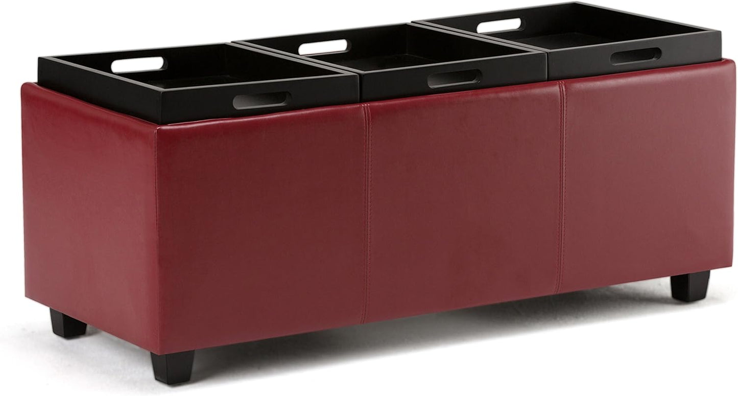 SIMPLIHOME Avalon 42 inch Wide Contemporary Rectangle Storage Ottoman in Red Vegan Faux Leather, Assembled, for the Living Room, Entryway and Family Room