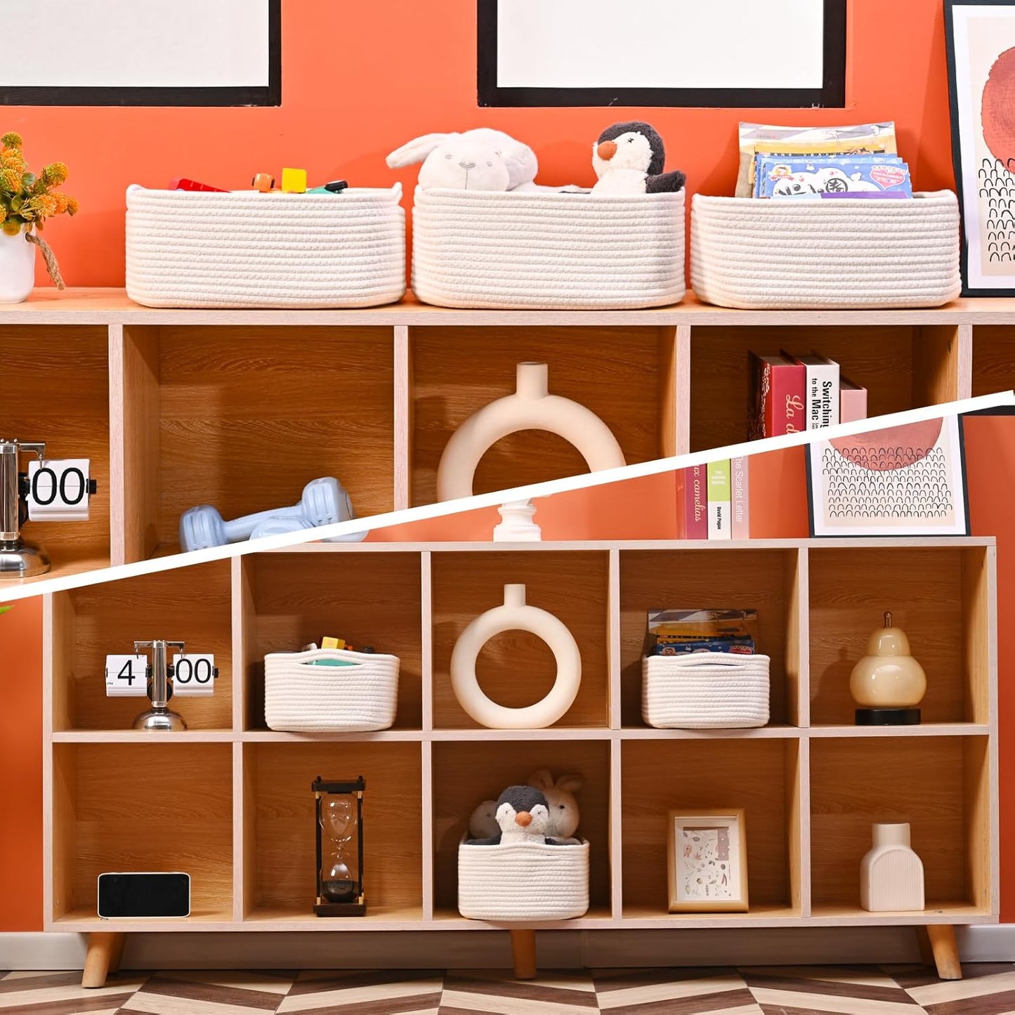 Small Storage Baskets for Organizing, Organizing Baskets for Shelves, Small Cute Basket for Gifts Empty, Organizer Basket for Decor, 13"×8.5"×5.1" (3 Packs) Off White