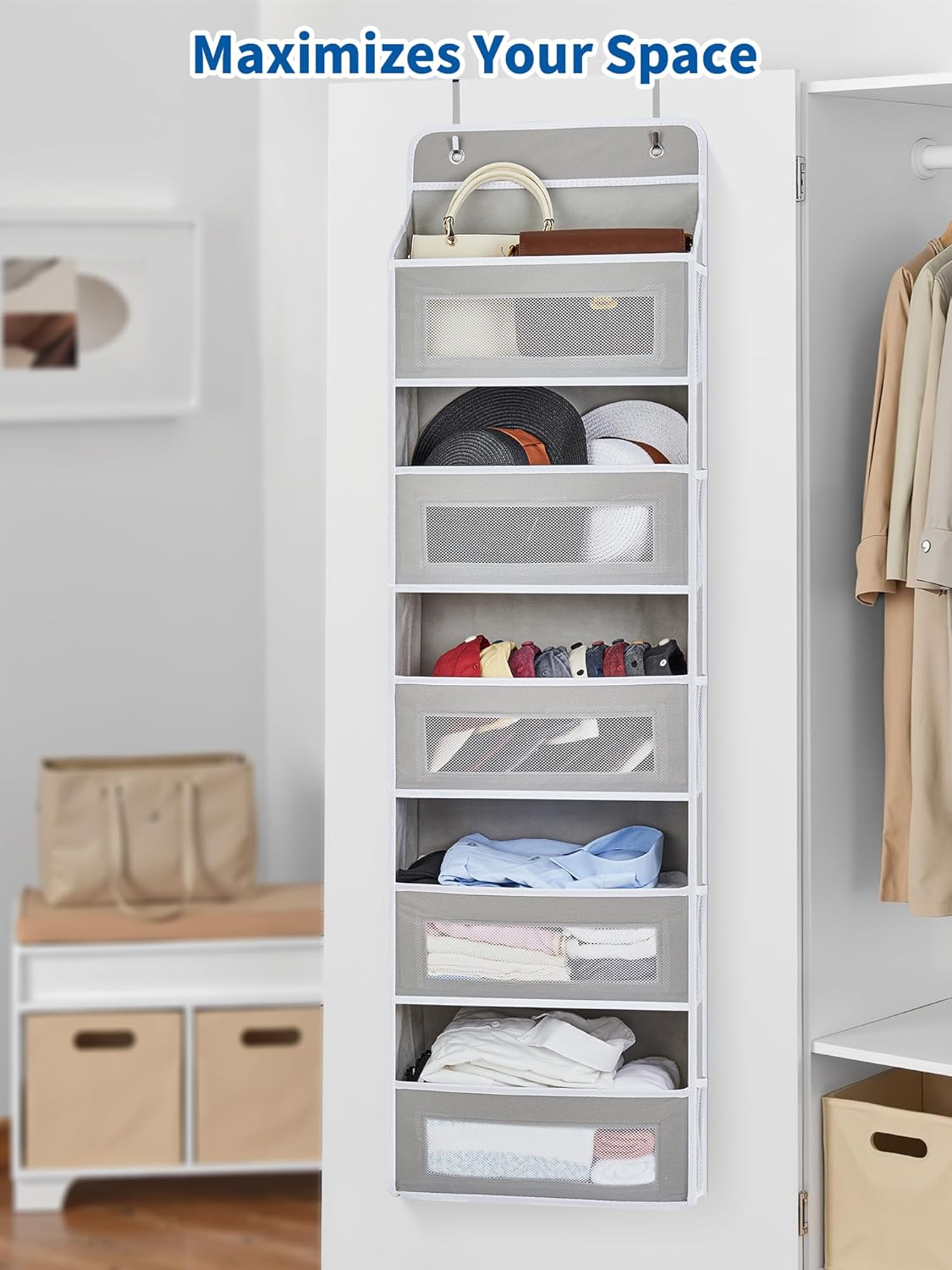 JARLINK Over The Door Organizer, 5 Shelf Door Hanging Organizer with 5 Large Pockets, 44 lbs Weight Capacity Hanging Storage for Bathroom, Bedroom, Nursery, RV, Pantry (Light Grey)