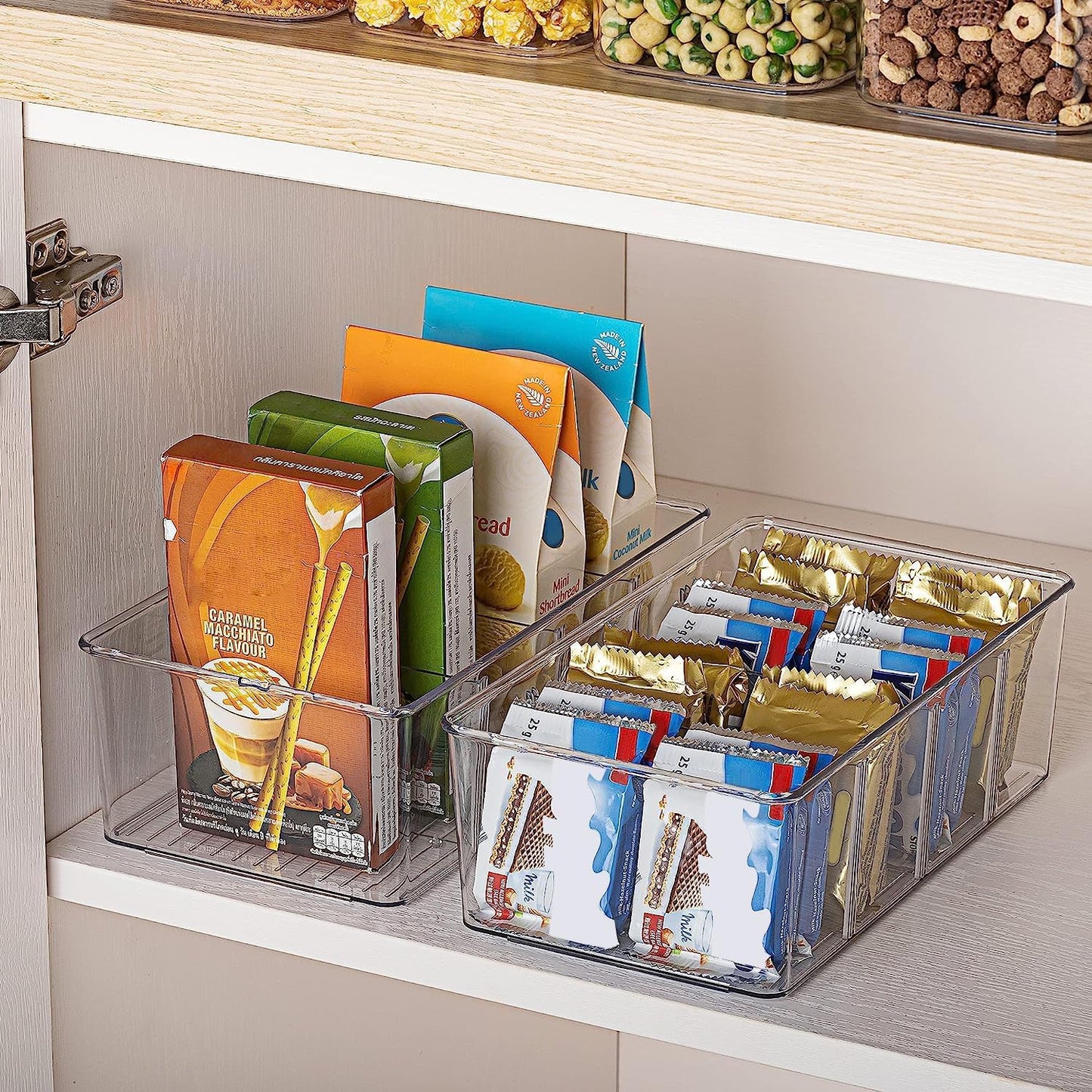 Vtopmart 2 Pack Food Storage Organizer Bins, Clear Plastic Bins for Pantry, Kitchen, Fridge, Cabinet Organization and Storage, 4 Compartment Holder Packets, Snacks, Pouches, Spice Packets