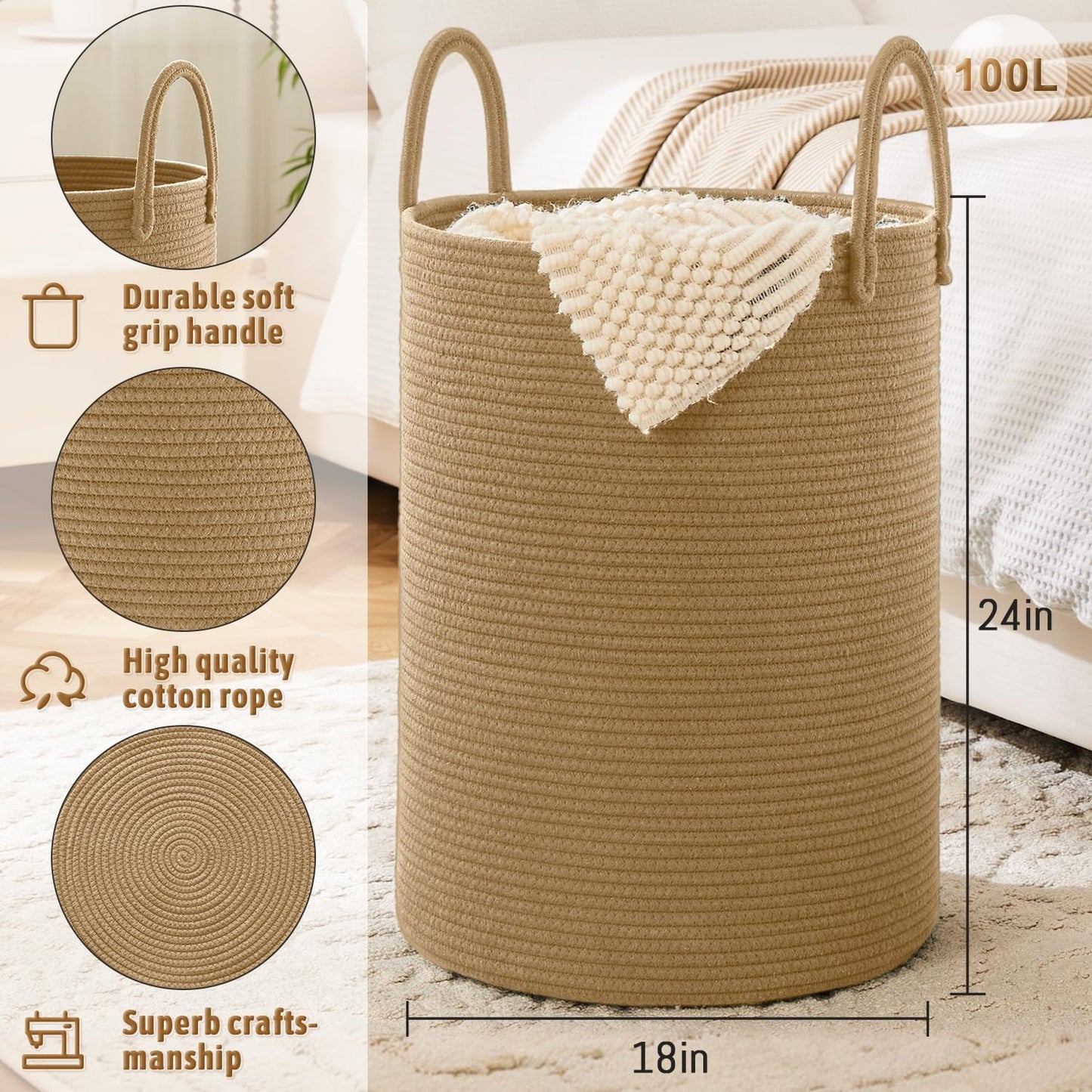 Laundry Basket,Woven Cotton Rope Laundry Hamper,100L for Decorative Storage of Dirty Clothes,Toys and Blankets in Bathroom,Baby Room and Living Room