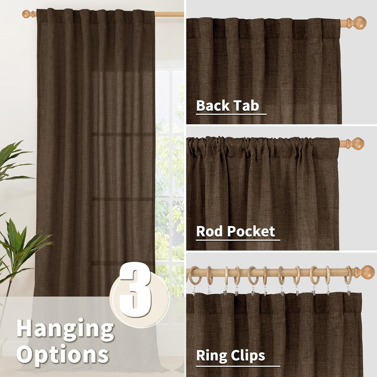 YoungsTex Brown Linen Curtains for Living Room 63 Inches Long, Chocolate Semi Sheer Drapes Textured Light Filtering Window Treatments with Rod Pocket Back Tab for Bedroom, 2 Panels, 52 X 63 Inch