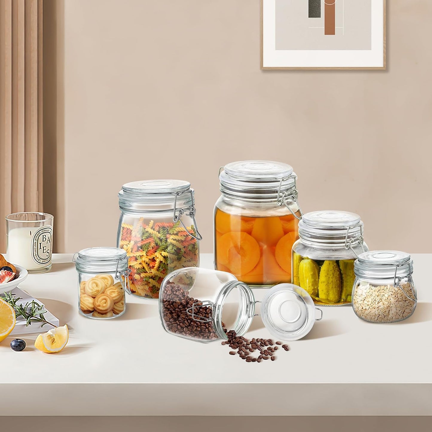 Glass Food Storage Jars with Airtight Lids 34 oz Square 4 Pack Kitchen Storage Containers Large Cabinet Canisters Sealed Pot Canning for Pasta, Cereal, Coffee, Beans, Spice
