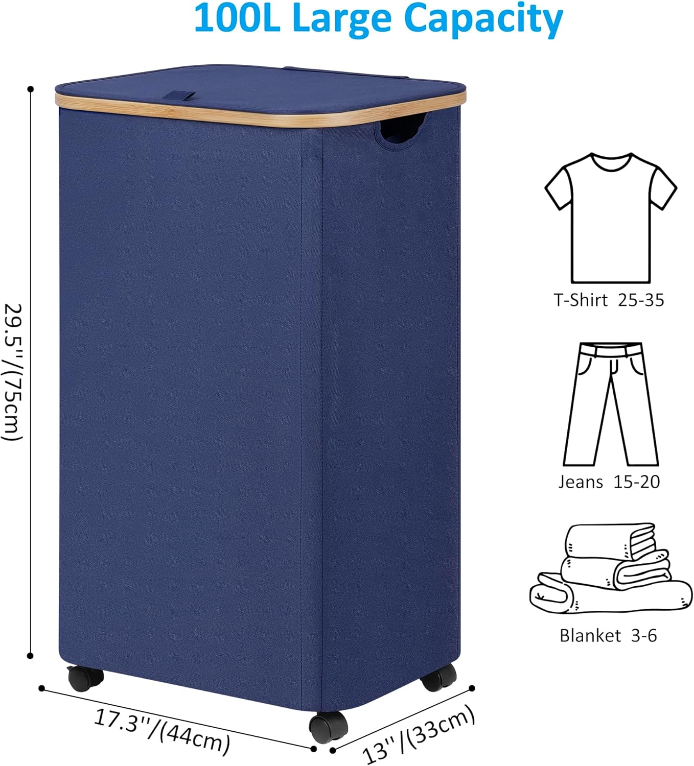 efluky Laundry Basket with Wheels, Tall Rolling Laundry Hamper with Lid and Removable Bag, Aesthetic Dirty Clothes Hamper on Wheels for Laundry Room, Bedroom, Dorm and Bathroom, 100L Blue
