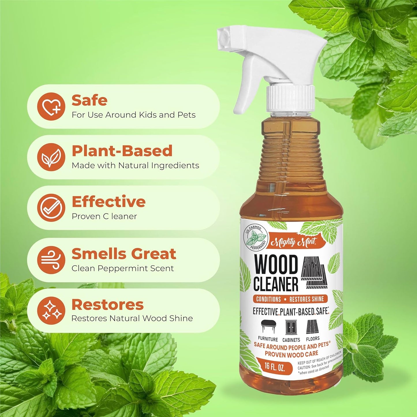 Mighty Mint Wood Cleaner and Conditioner, Spray Cleans and Renews Wood, Natural Peppermint Scent, 16oz
