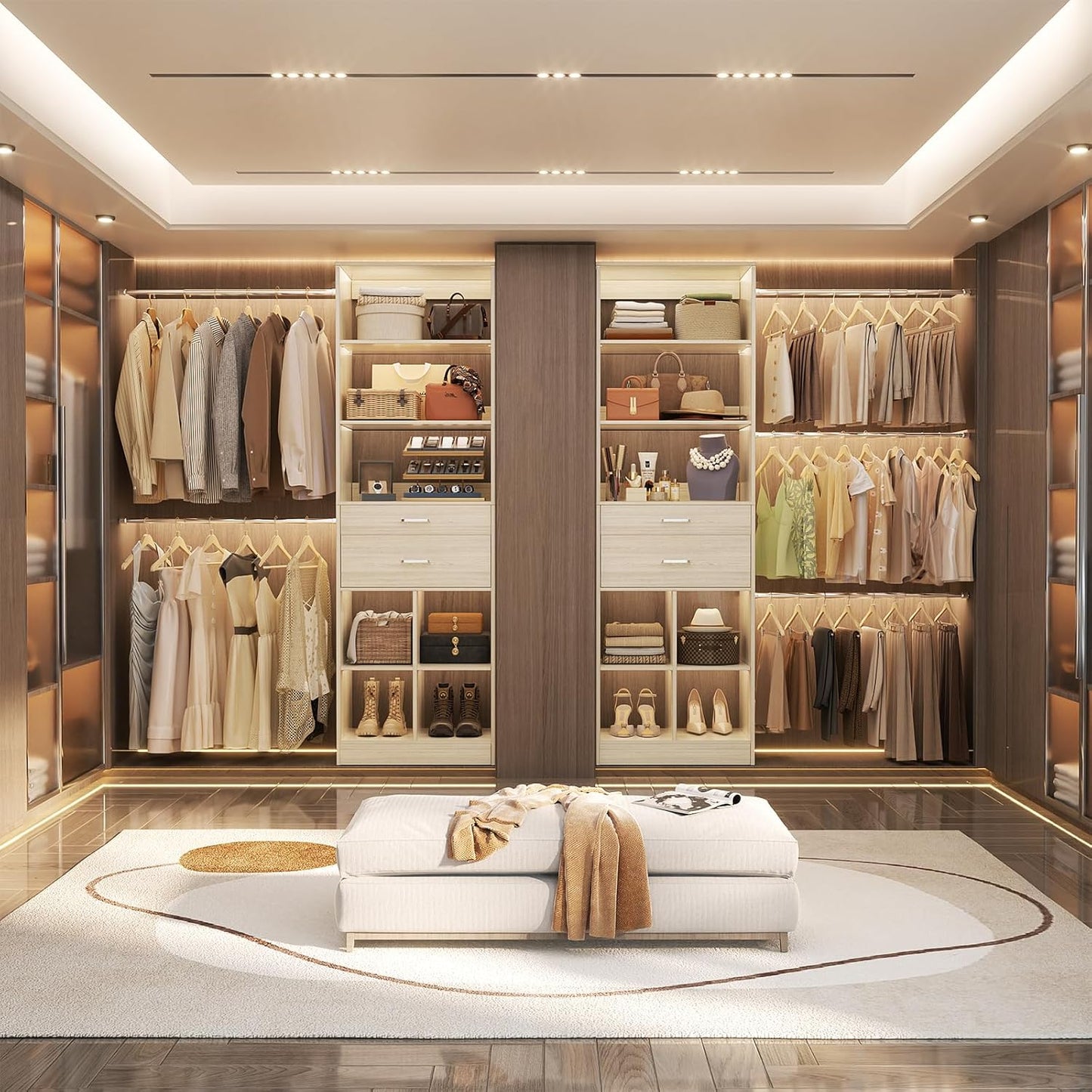 Closet System, 4-8 FT Closet Organizer Tower with 2 Wooden Drawers and Shelves, Can Fit 60 to 96 inch Walk-in Closet System with 5 Hang Rods, Built-in, Greige Oak