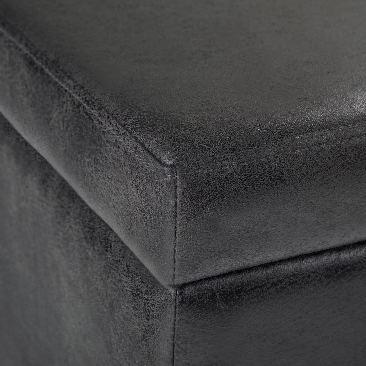 SIMPLIHOME Avalon 48 inch Wide Contemporary Rectangle Storage Ottoman Bench in Distressed Black Distressed Vegan Faux Leather, Assembled, For the Living Room, Entryway and Family Room