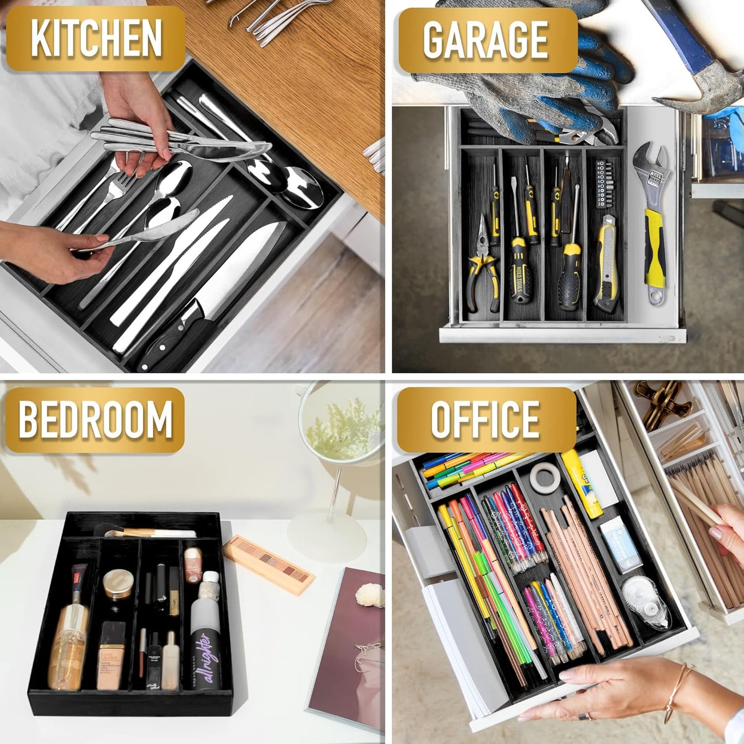 Bamboo Silverware Holder - Drawer Organizer with 5 Slots (Black)