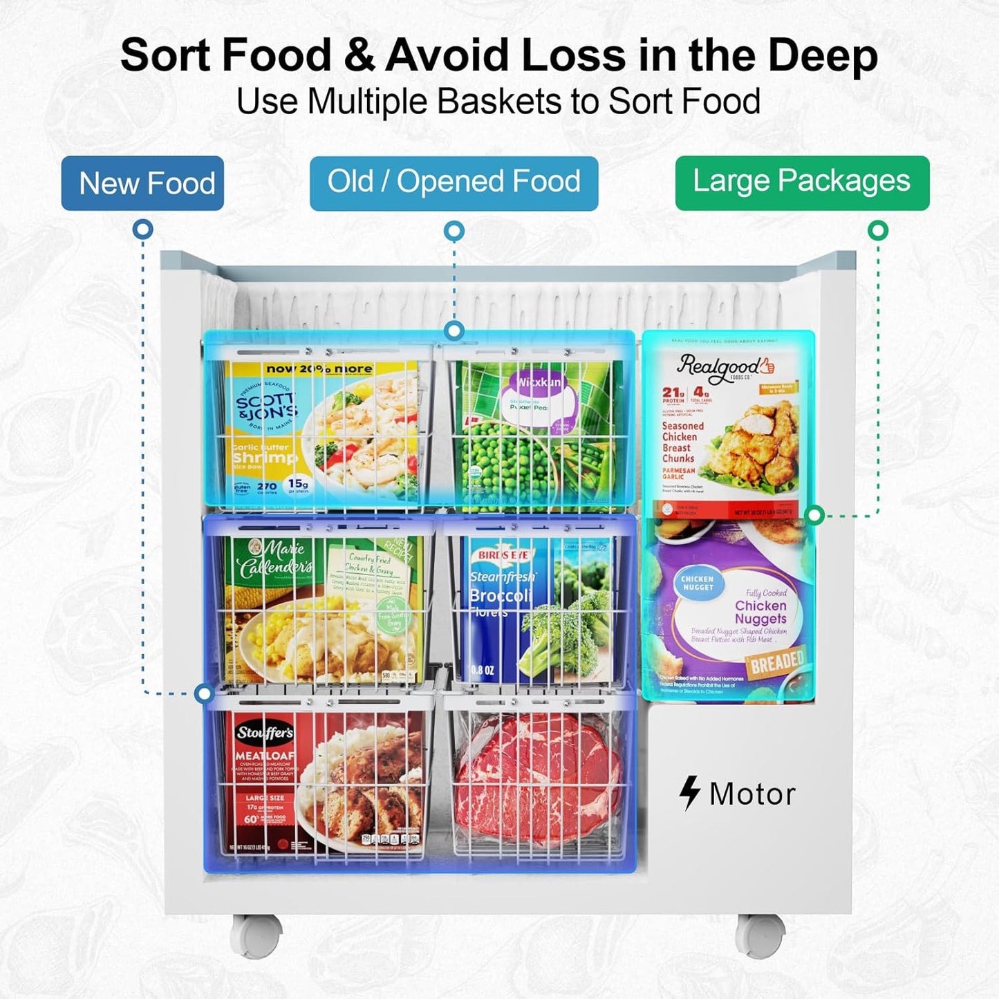 iSPECLE Freezer Organizer Bins - 3 Pack Adjustable Chest Freezer Organizer Bins for 5 to 9 Cu.Ft Deep Freezer, Extra Large & Easy Organize Basket Store More, Stackable No Wasted Space, White