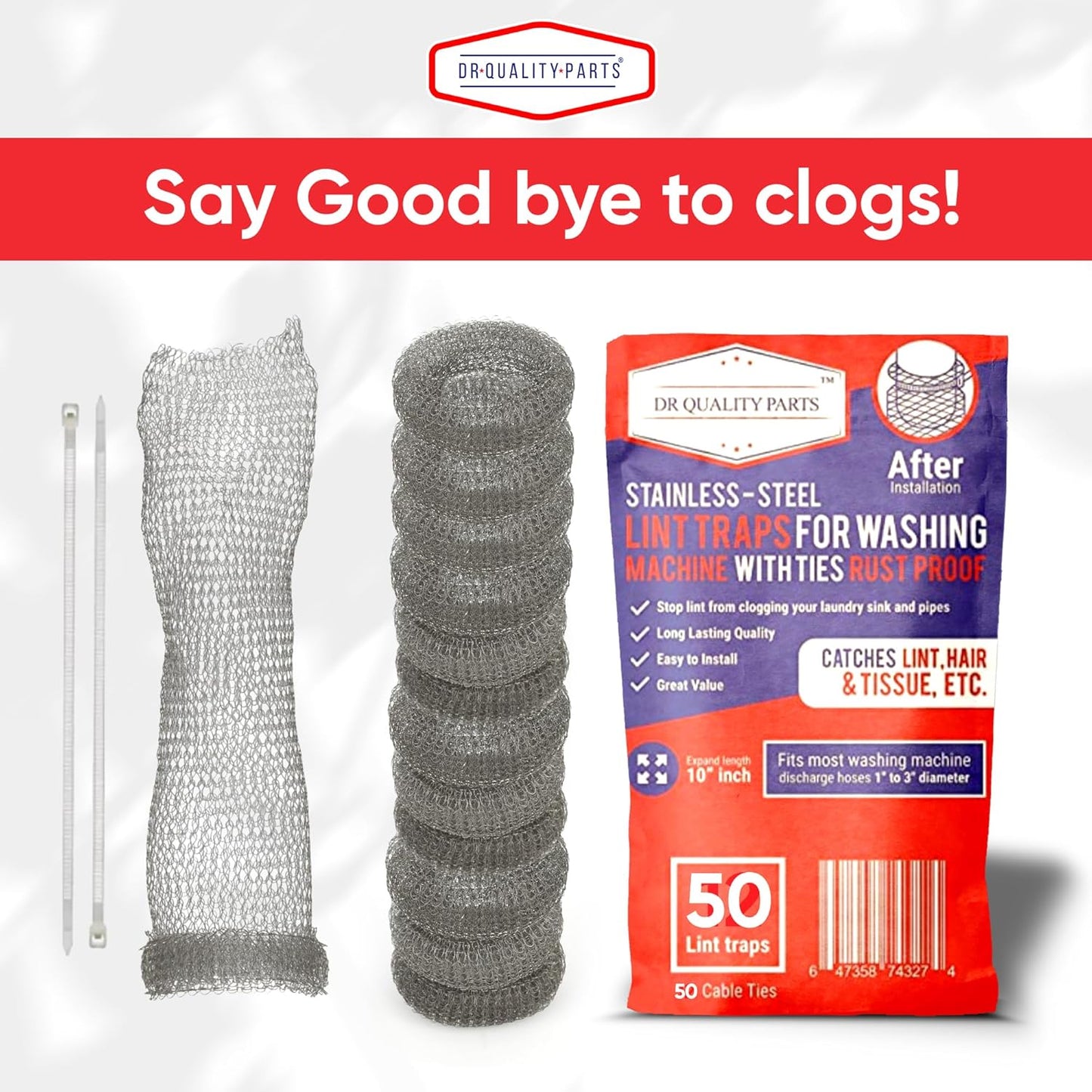 Washing Machine Lint Trap – Stainless Steel Hose Filter, Mesh Drain Catcher, Washer Sock Lint Remover, Rust-Free Snare Laundry Filter with Nylon Cable Ties, 29cmx6.5cm – 50-Pack