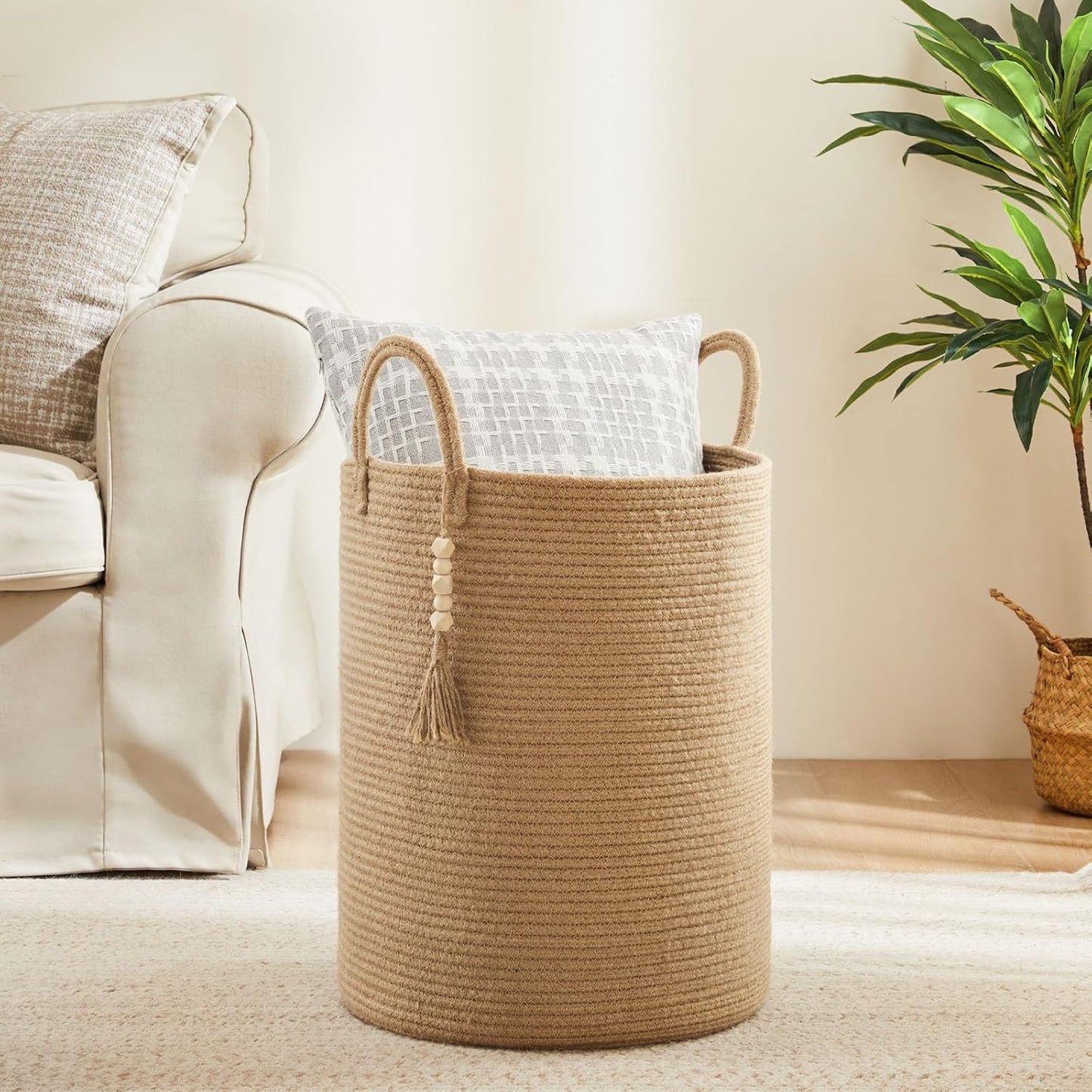 Jute Woven Rope Laundry Hamper, Tall Laundry Basket for Blanket Storage, Large Dirty Clothes Hamper for Toys, Decorative Baby Nursery Hamper for Bedroom, Living Room - Jute Brown, 58L