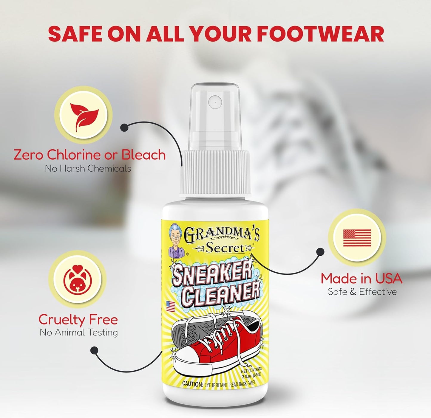 Grandma's Secret Sneaker Cleaner - Shoe Cleaner for Rubber, Canvas and Leather - Stain Remover Spray Removes Dirt, Grime and Grass - Sneakers Cleaner for Outdoor Shoes, Slippers and Moccasins – 3 oz